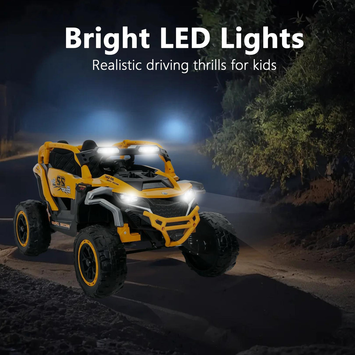 12V 2-Seater Kids Electric UTV Ride-On with Remote Control, Electric Go-Kart with Music & Flashlights, 45.5" L x 28.5" W x 24.5" H, Yellow+Black