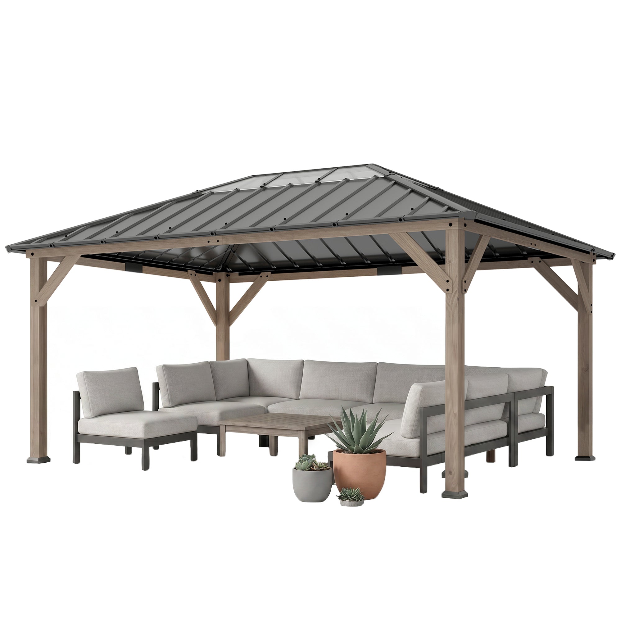 12' x 16' Hardtop Gazebo with Galvanized Steel Roof, UPF50+ Wood Permanent Pavilion with Clear Roof Top, Light Walnut