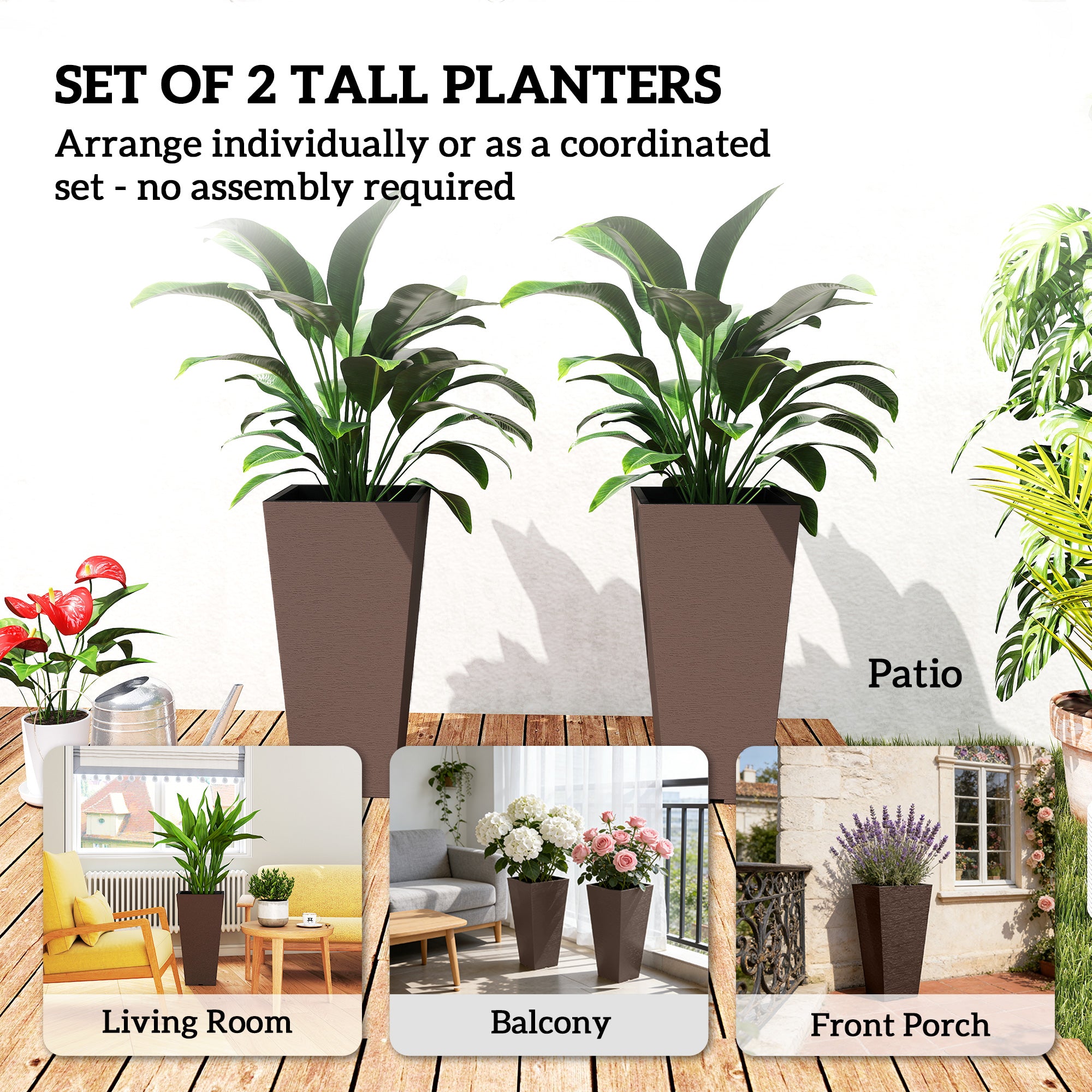 23 Inch Tall Planters for Outdoor Plants, Set of 2 Plastic Flower Pots, for Front Door Patio Garden Use, Brown