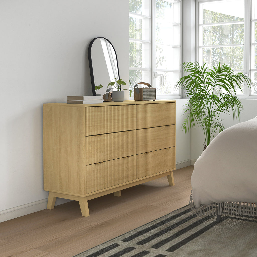 6 Drawer Double Dresser for Bedroom, Fluted Chest of Drawers with Gold Finger Pulls and 5 Wood Legs, Natural Wood