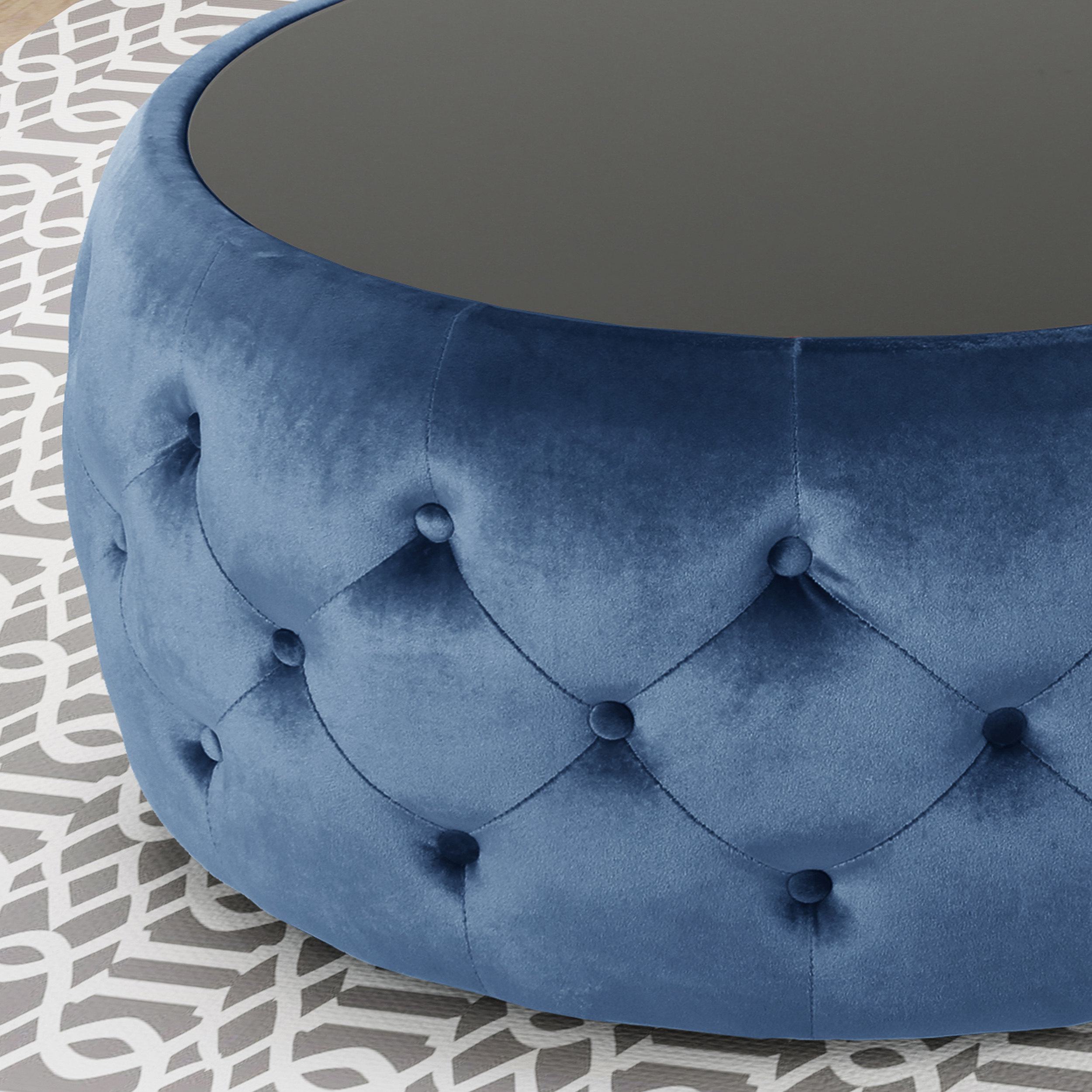 Velvet Ottoman with Cushioned Top, Sturdy Frame, and Space-Saving Design, 30" L x 30" W x 14.5" H, Dark Blue