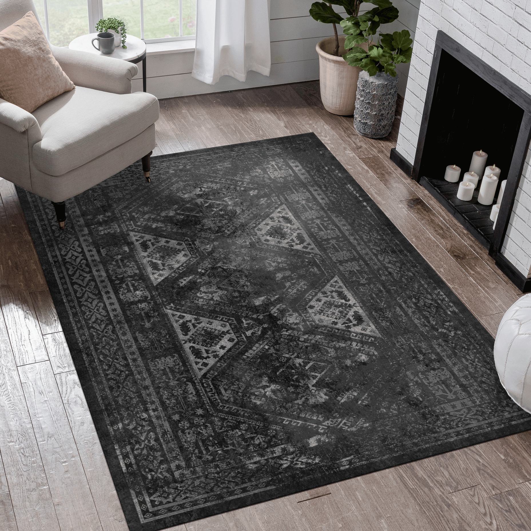 5x8 Washable Kid and Pet Friendly Area Rug, Low-Pile Non-Slip Non-Shedding Rug Blanket, for Living Room, Bedroom, Kitchen, Black+Gray