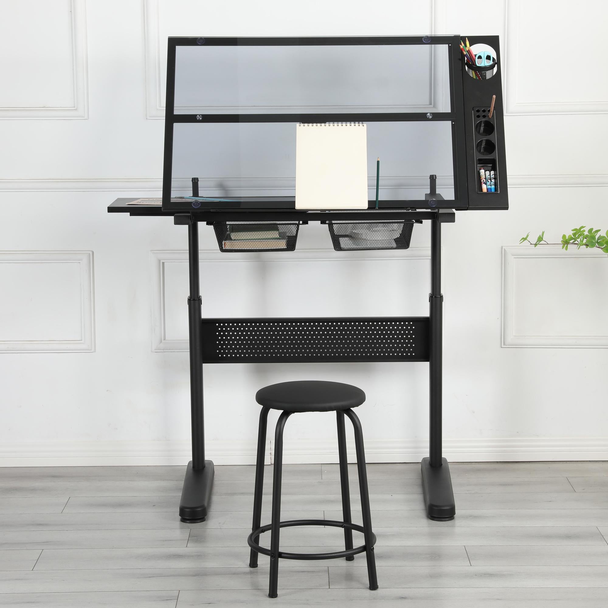 Hand-Crank Adjustable Drafting Table with 2 Drawers, Pull-Out MDF Side Shelf, Tempered Glass Top Desk for Kids, 38" L x 23.5" W x 29.5" H, Black