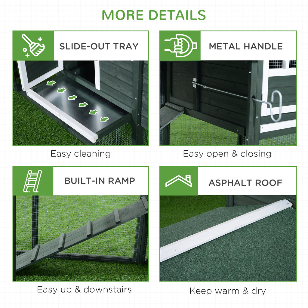 84" Wooden Chicken Coop, Hen House Outdoor with Run Nesting Box, Asphalt Roof, Removable Tray, Ramp, Poultry Cage for 2-3 Chickens, Green