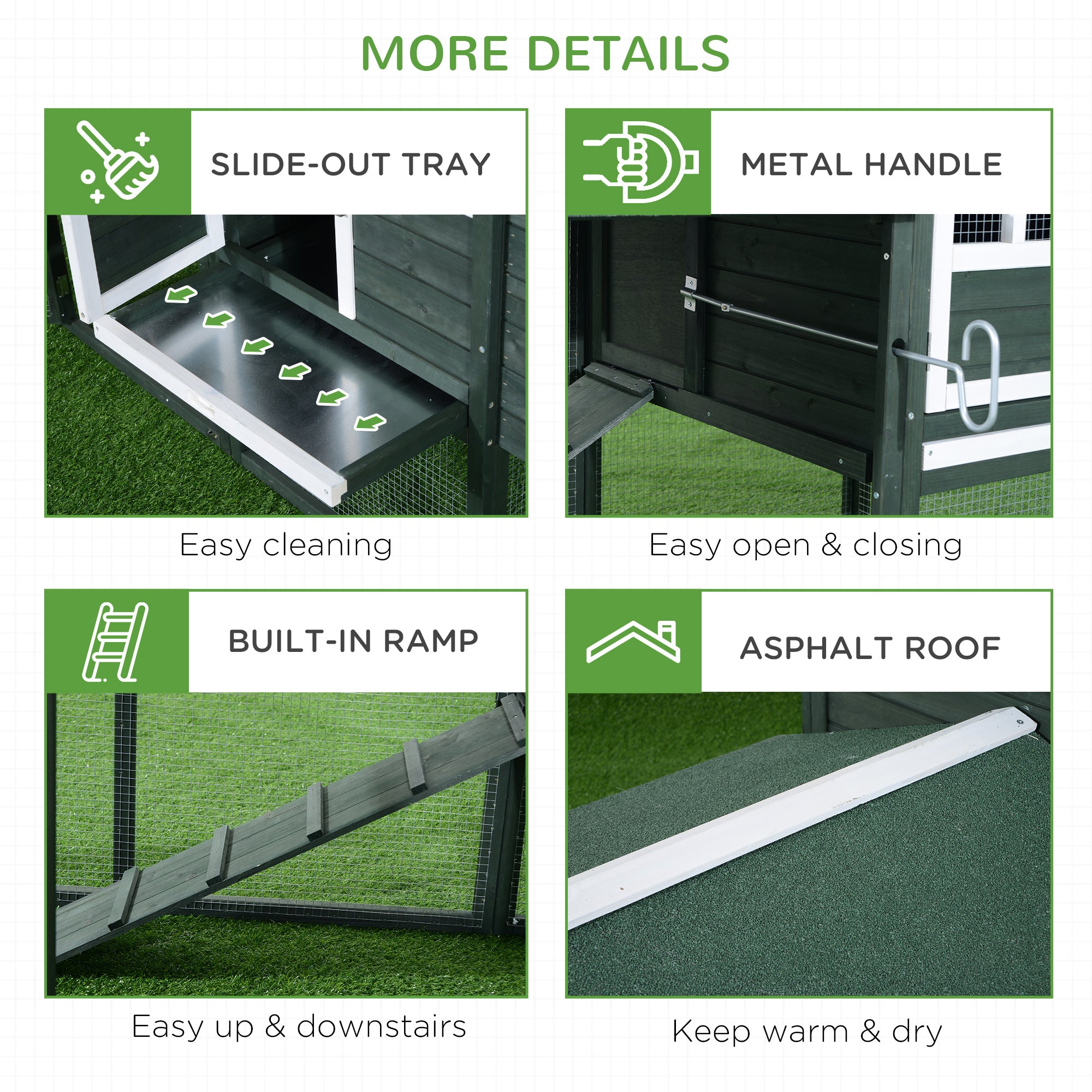 84" Wooden Chicken Coop, Hen House Outdoor with Run Nesting Box, Asphalt Roof, Removable Tray, Ramp, Poultry Cage for 2-3 Chickens, Green