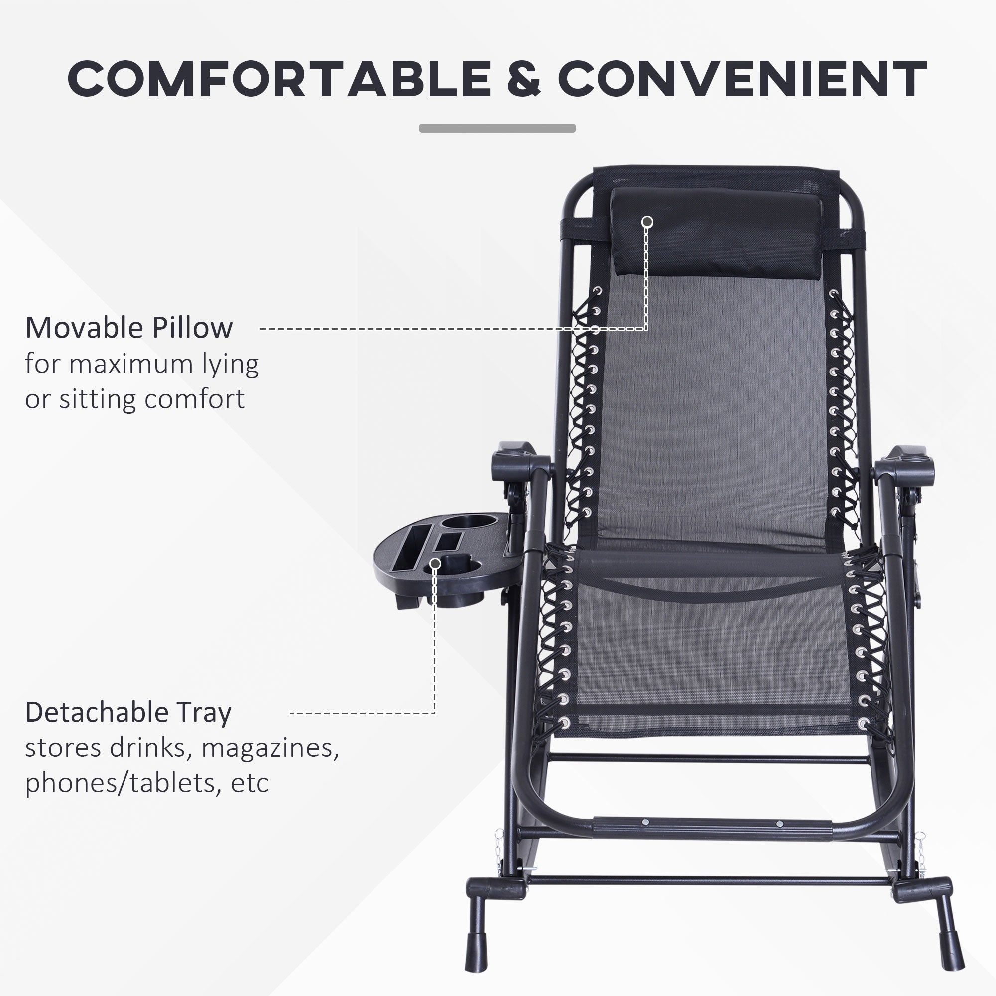 Outdoor Rocking Chairs, Foldable Reclining Zero Gravity Lounge Rocker with Pillow, Cup & Phone Holder, Combo Design with Folding Legs, Black