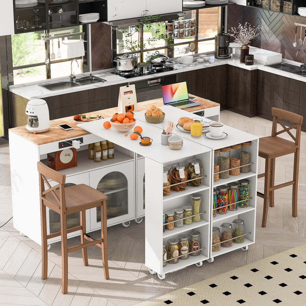 LED Kitchen Island with Extended Table, Power Outlets, Fluted Glass Doors, Utility Cart with Shelves and Cabinet, 56.5" L x 33" W x 38" H, White