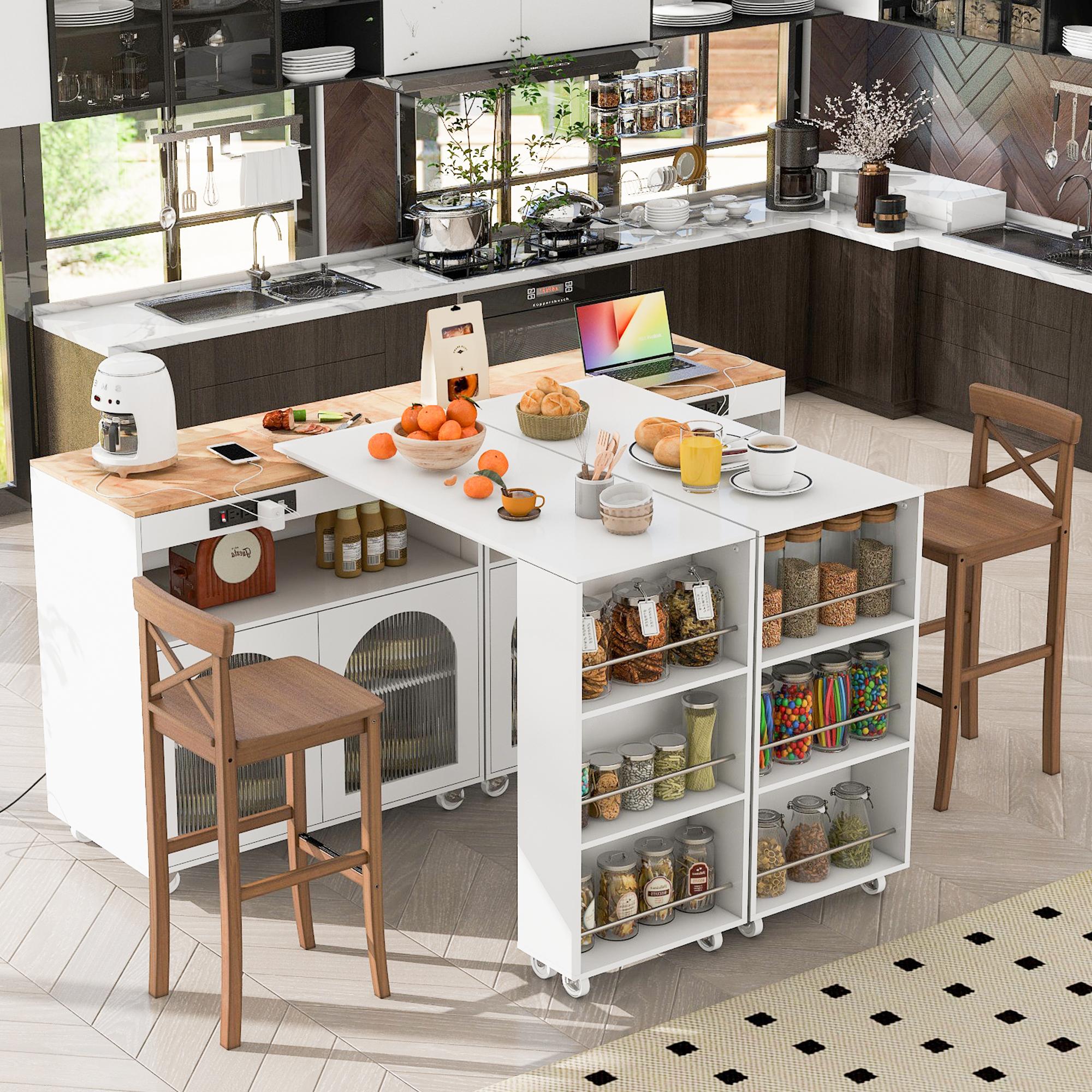 LED Kitchen Island with Extended Table, Power Outlets, Fluted Glass Doors, Utility Cart with Shelves and Cabinet, 56.5" L x 33" W x 38" H, White