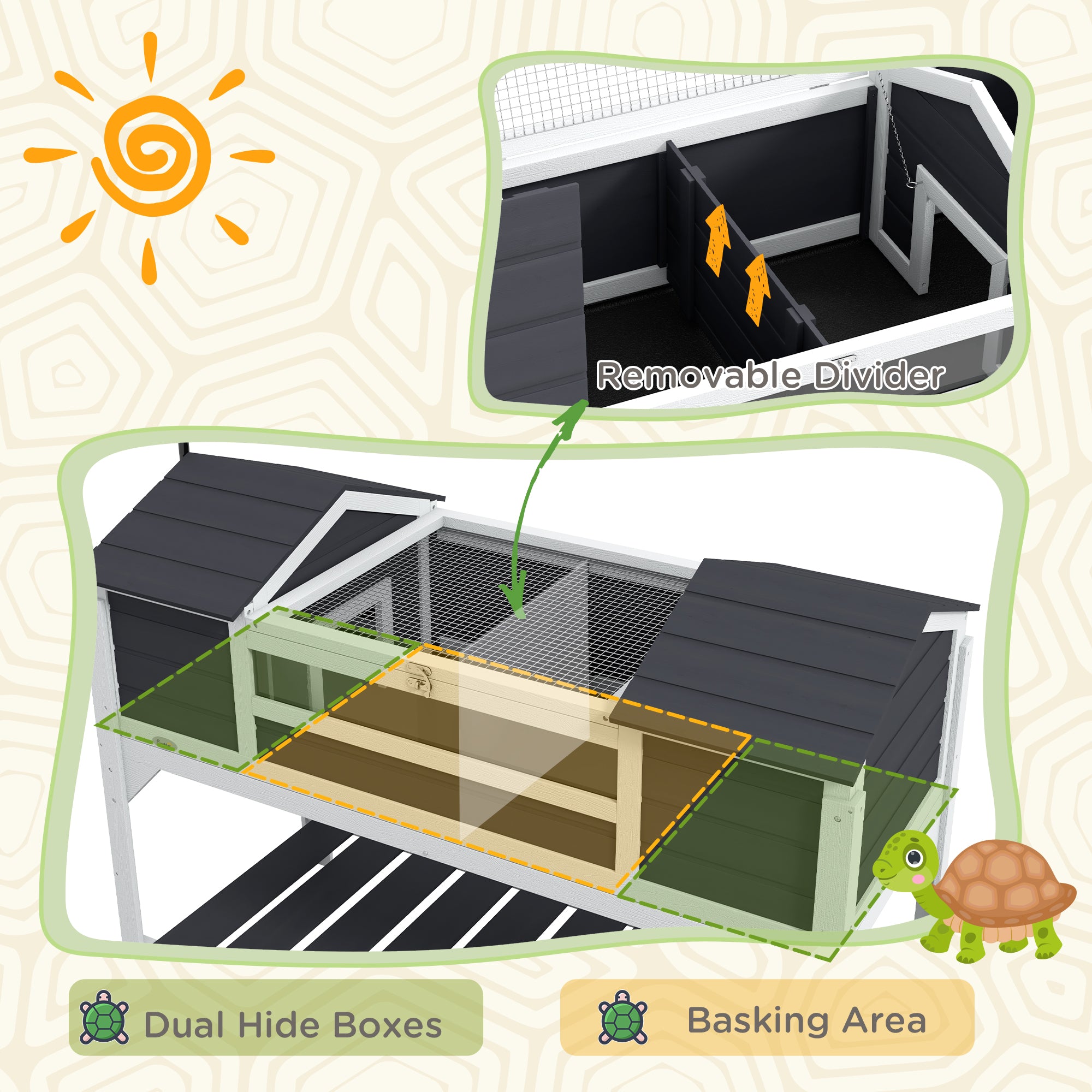 Tortoise Enclosure Tortoise House with Adjustable Lamp Holder Storage Shelf, Dual Main Houses, Openable Lid, Gray