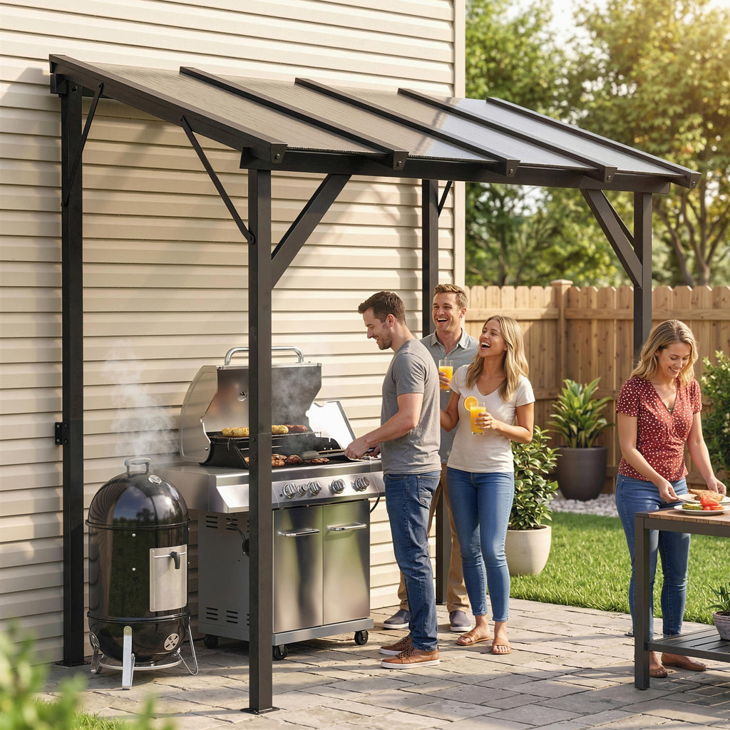 Hardtop Grill Gazebo, Lean-to BBQ Shelter with Polycarbonate Roof for Outdoor, Patio, Lawn