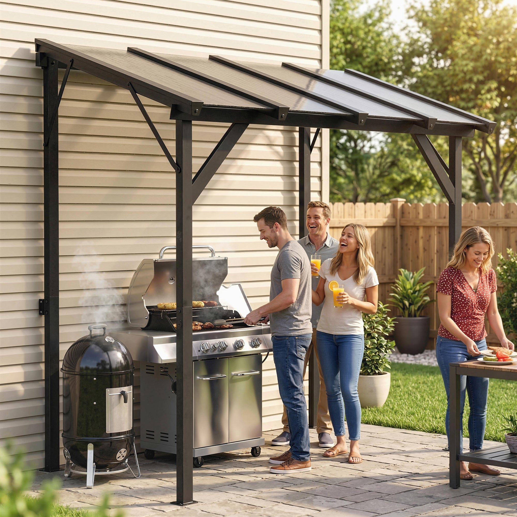 Hardtop Grill Gazebo, Lean-to BBQ Shelter with Polycarbonate Roof for Outdoor, Patio, Lawn