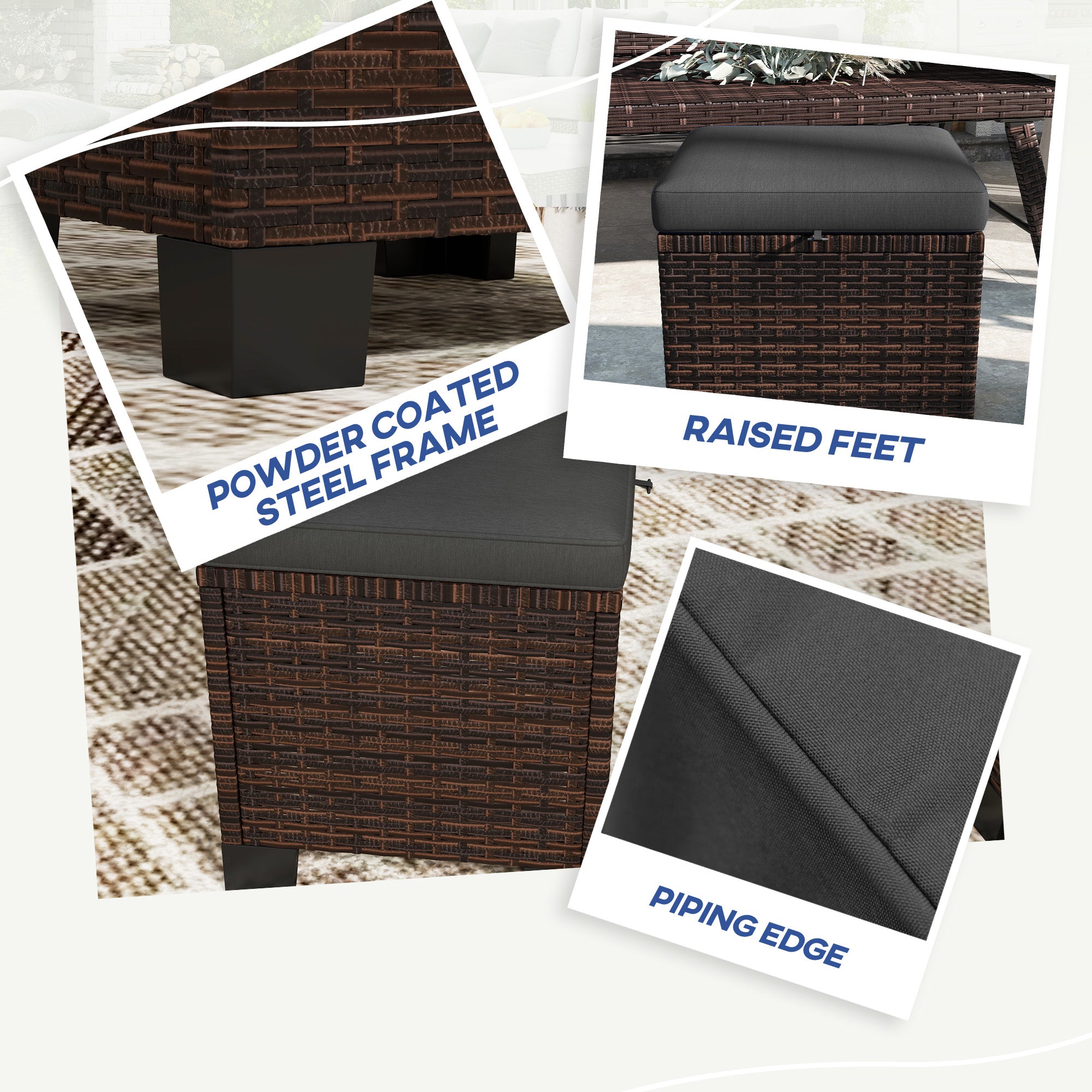 2 Piece Wicker Outdoor Ottomans with Cushions, Rattan Ottoman Footrest and Side Table for Patio, Yard, Poolside, Gray