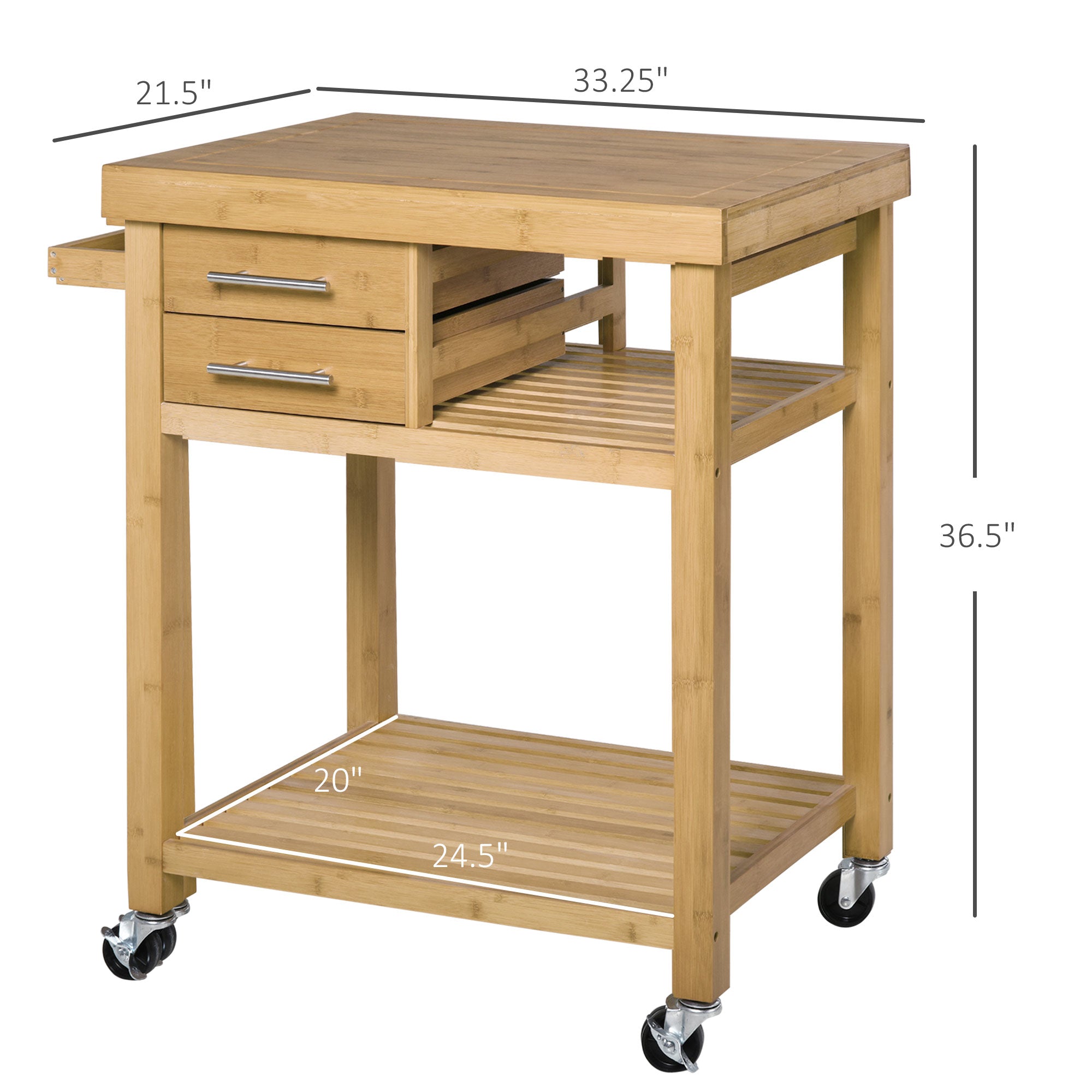 Bamboo Kitchen Island Cart on Wheels, Utility Trolley Cart with 2 Storage Drawers and Open Shelves, Bamboo Tone