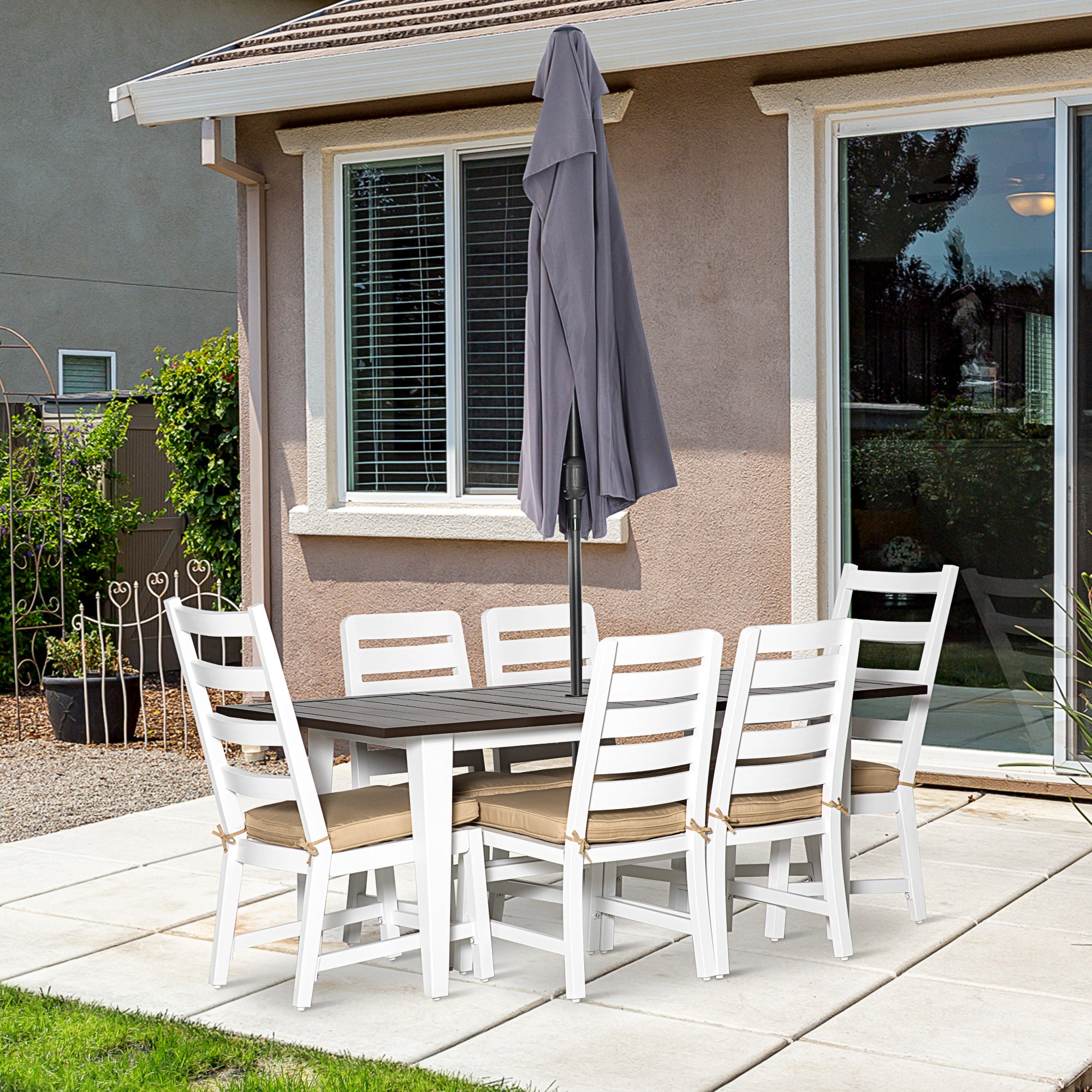 Patio Dining Set for 6, Outdoor Furniture Set with a Table & Chairs, Cushions, Umbrella Hole for Garden, Backyard, or Poolside, Beige