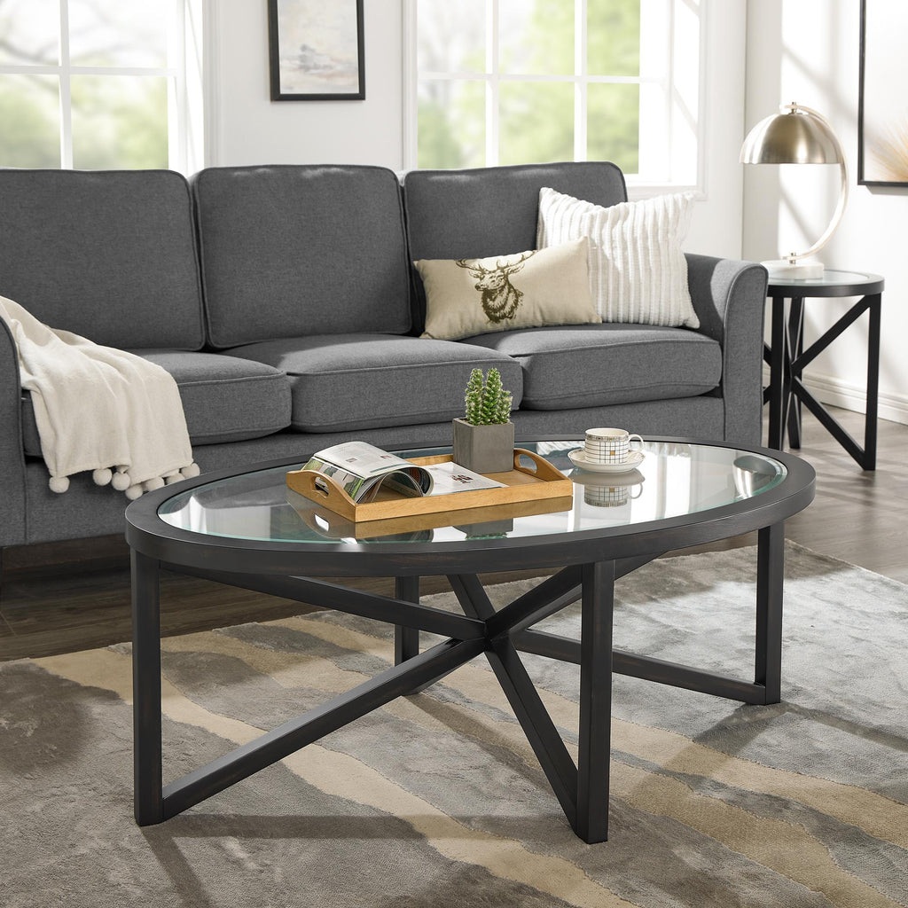 Modern Glass Coffee Table with Solid Wood Tripod Base, Anti-Scratch Curved Edges, Oval Desk for Living Room, 46.5" L x 28.5" W x 18" H, Black