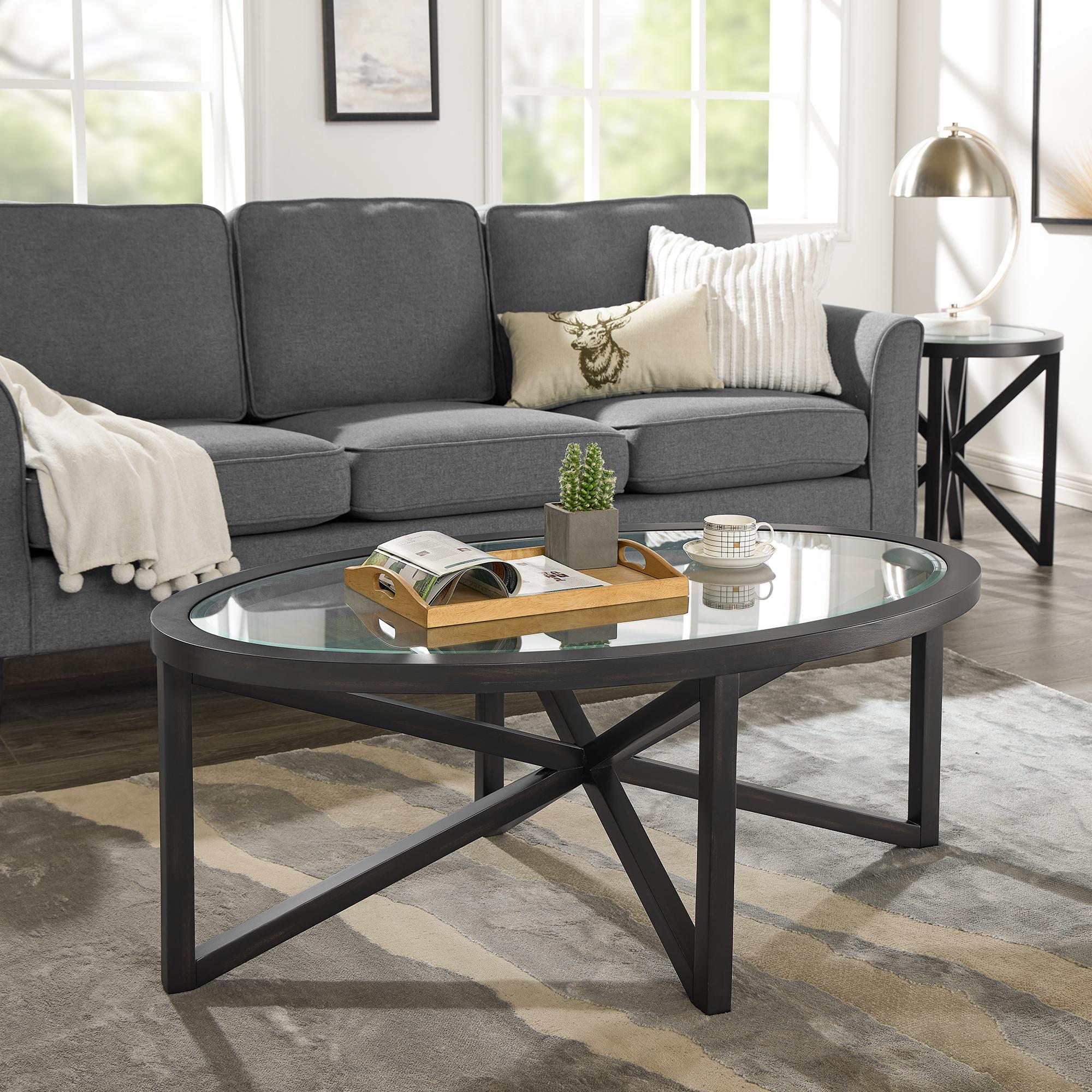 Modern Glass Coffee Table with Solid Wood Tripod Base, Anti-Scratch Curved Edges, Oval Desk for Living Room, 46.5" L x 28.5" W x 18" H, Black