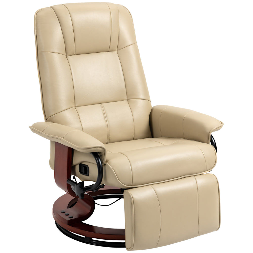 Air Leather Manual Recliner, Adjustable Swivel Lounge Chair with Footrest, Armrest and Wrapped Wood Base, Cream White