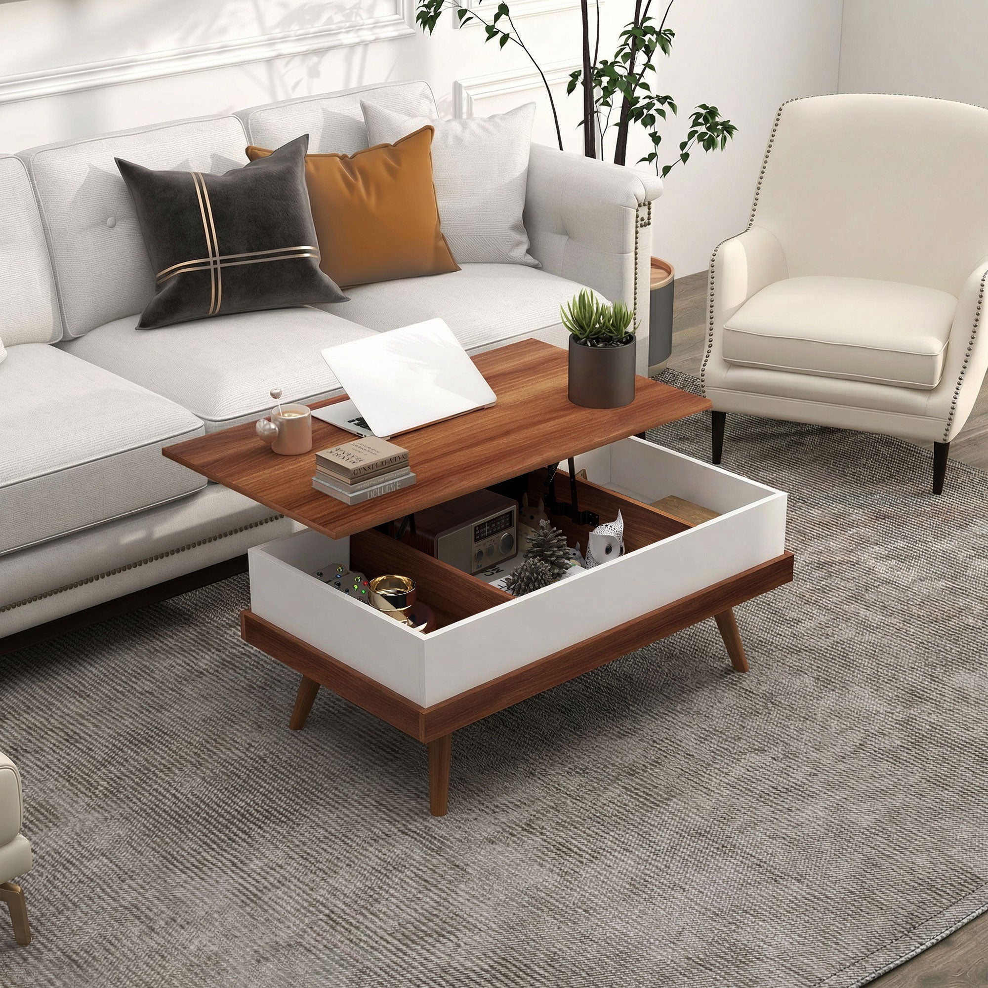Lift Top Coffee Table with Hidden Compartments and Wood Legs, Walnut
