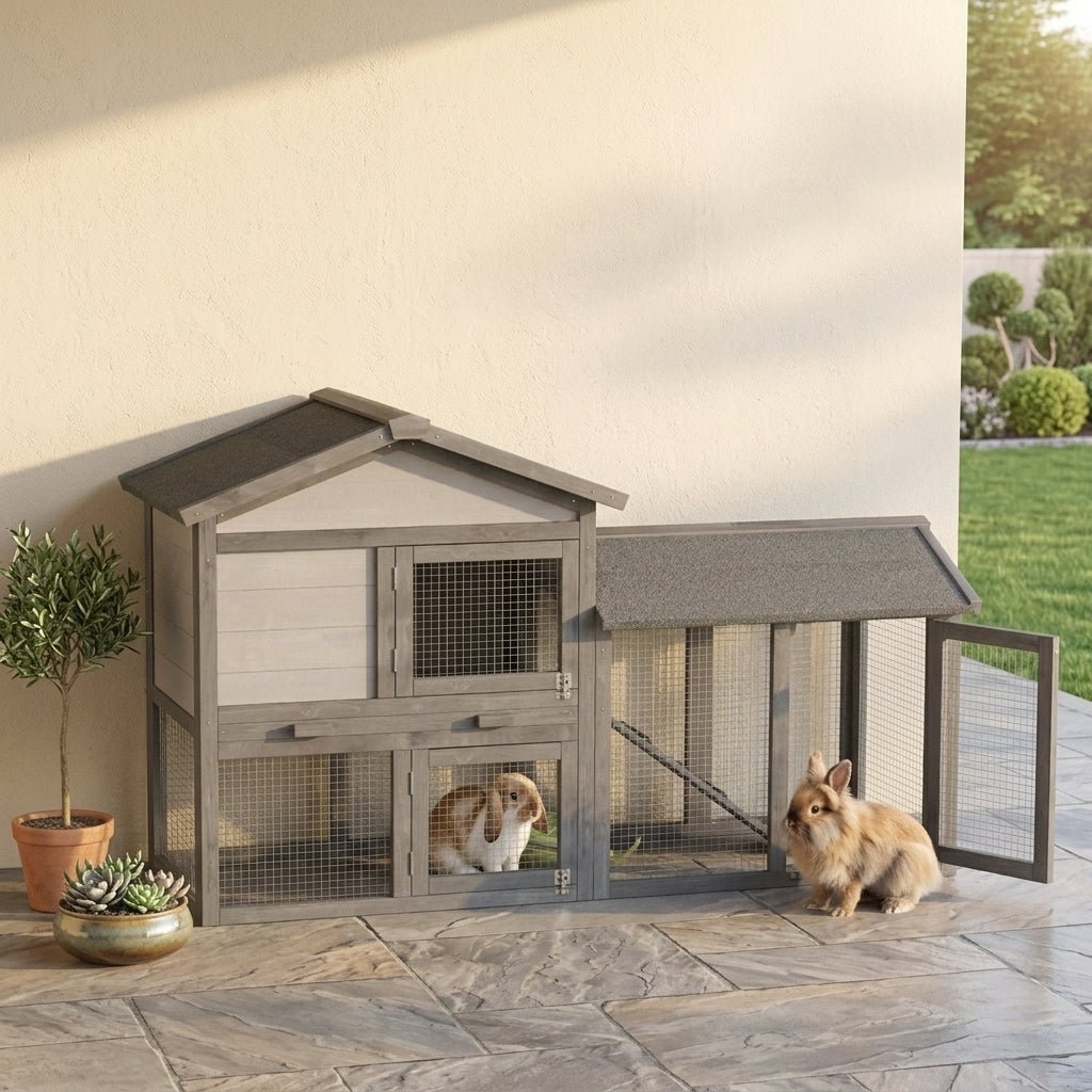 58" Large Rabbit Hutch Outdoor Indoor, Wooden Bunny Hutch, Guinea Pig Cage with Run, Removable Tray, Asphalt Roof, Lockable Doors and Ramp, for 1-2 Small Rabbits, Chickens, Ducks, Dark Gray