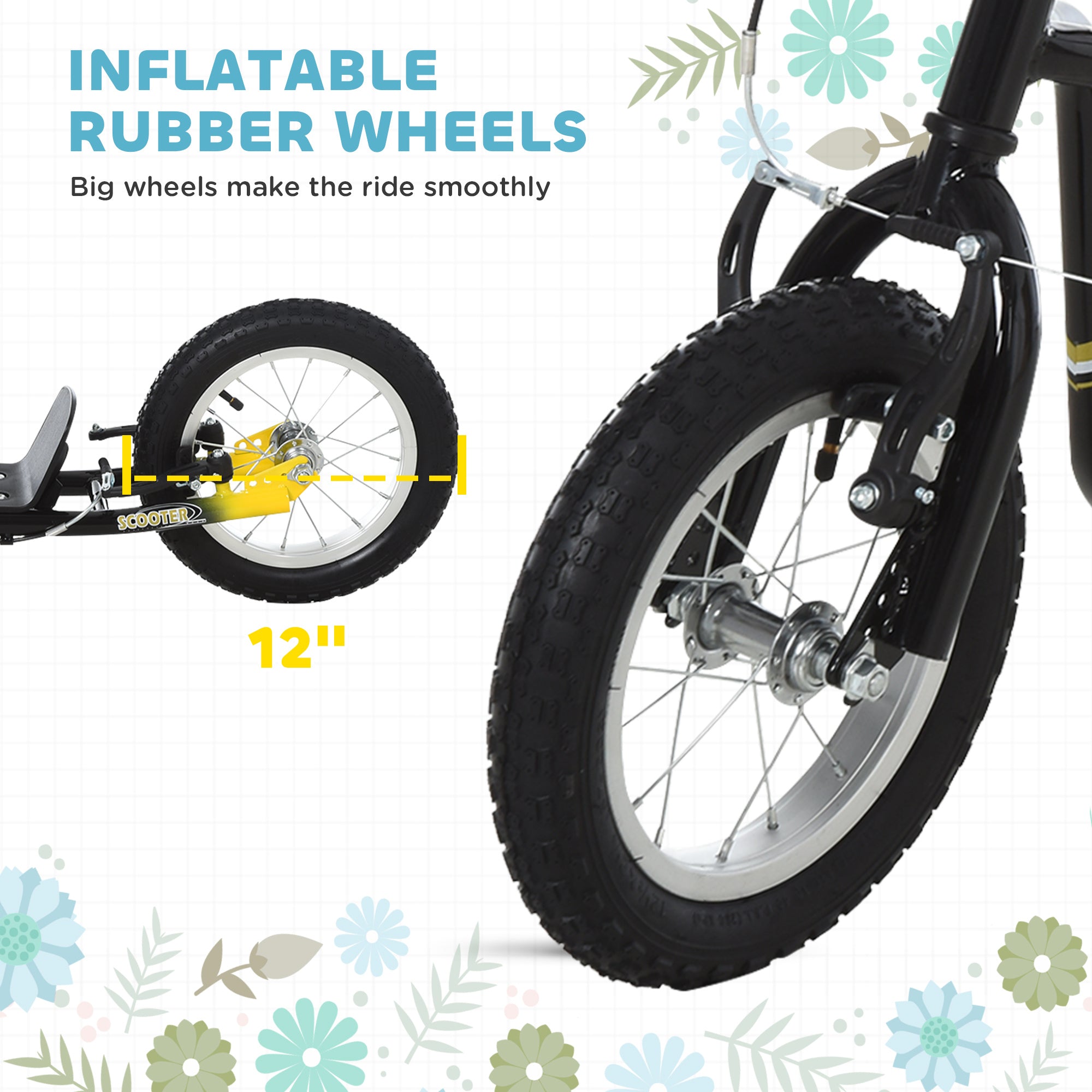 Youth Scooter Front and Rear Caliper Dual Brakes 12-Inch Inflatable Front Wheel Ride On Toy For Age 5+ - Black