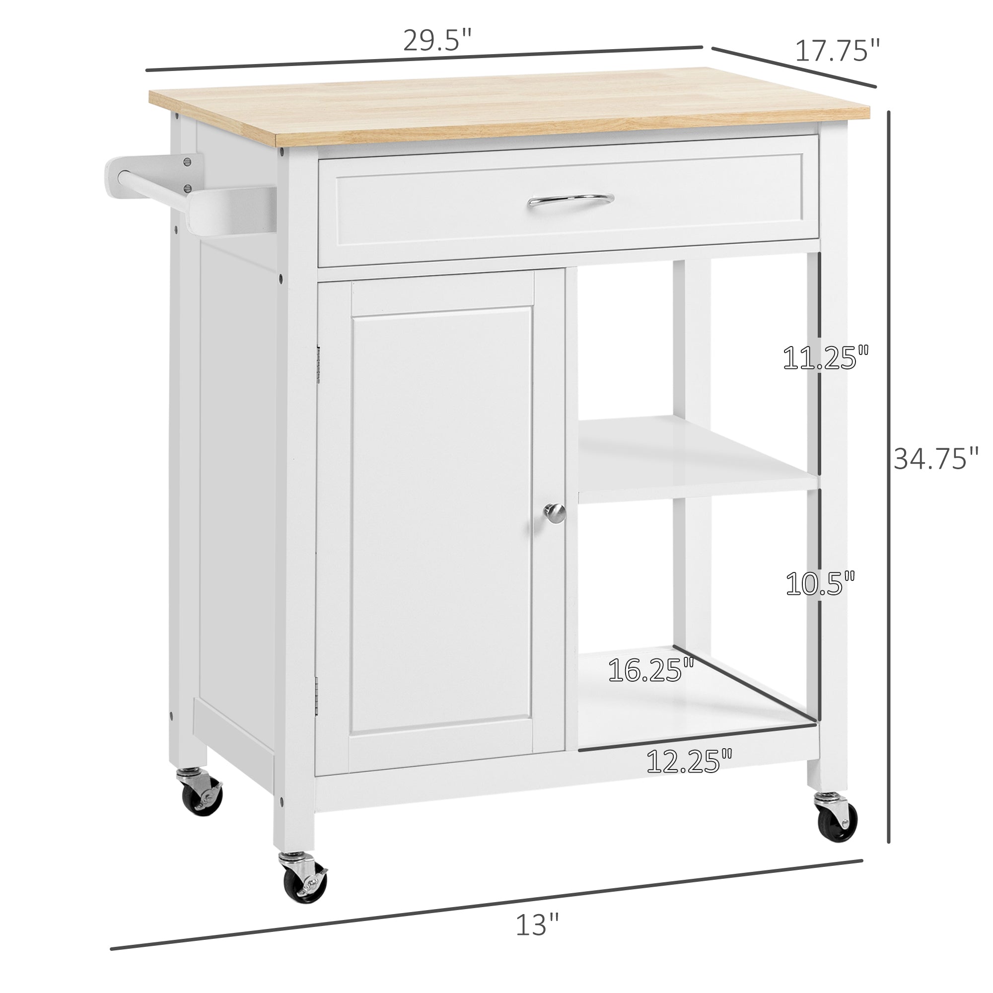Kitchen Island Cart, Rolling Kitchen Island with Storage Shelf, Solid Wood Top, Drawer, for Dining Room, White