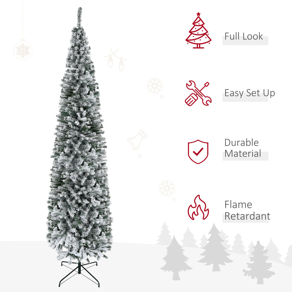 9ft Flocked Christmas Tree, Pencil Artificial Xmas Tree with Faux Snow, Dense Branches, Foldable Metal Base for Indoor Holiday Decor
