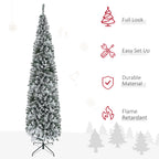 9ft Flocked Christmas Tree, Pencil Artificial Xmas Tree with Faux Snow, Dense Branches, Foldable Metal Base for Indoor Holiday Decor