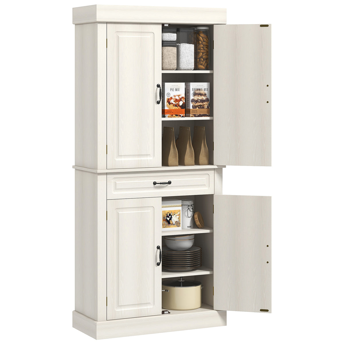 71" Freestanding Kitchen Pantry with 4 Doors and 2 Large Cabinets, Tall Storage Cabinet with Drawer, Distressed White
