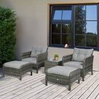 5 Pieces Rattan Wicker Lounge Chair Outdoor Patio Conversation Set with 2 Cushioned Chairs, 2 Ottomans and Tempered Glass Top Coffee Table, Gray/Light Gray