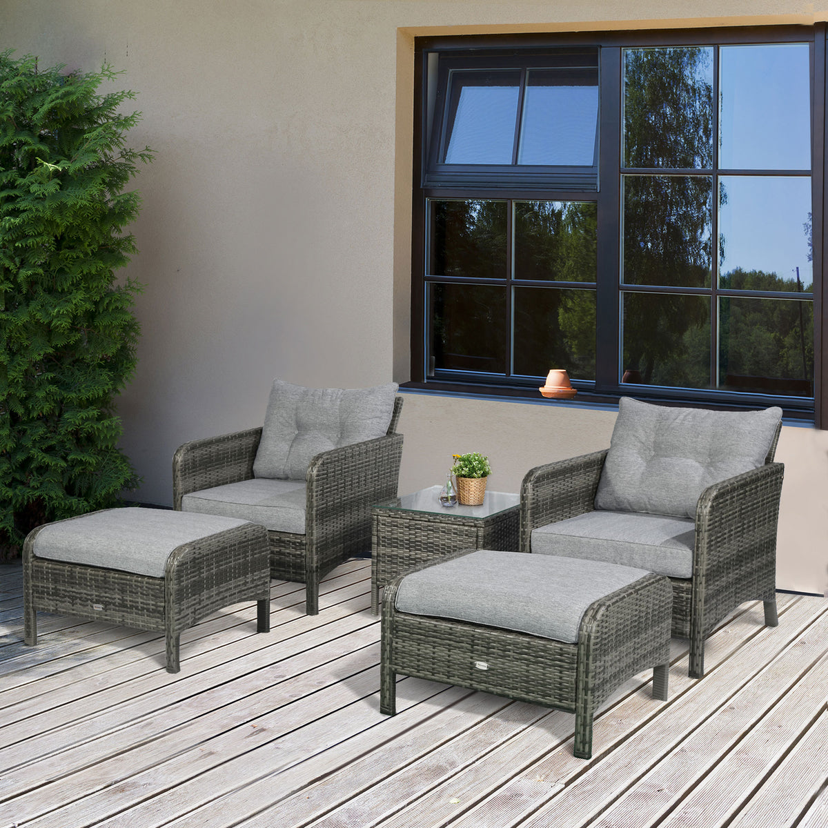 5 Pieces Rattan Wicker Lounge Chair Outdoor Patio Conversation Set with 2 Cushioned Chairs, 2 Ottomans and Tempered Glass Top Coffee Table, Gray/Light Gray