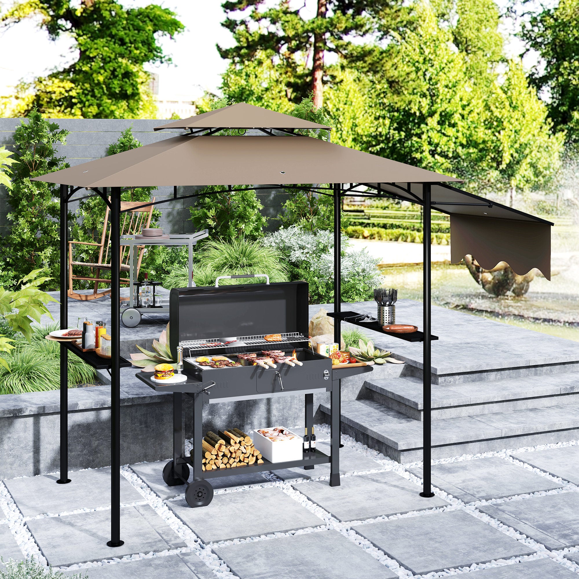 8' x 5' Outdoor Grill Gazebo, Barbecue Gazebo Shelter with Side Awning, 2 Side Shelves and 6 Hooks, Brown