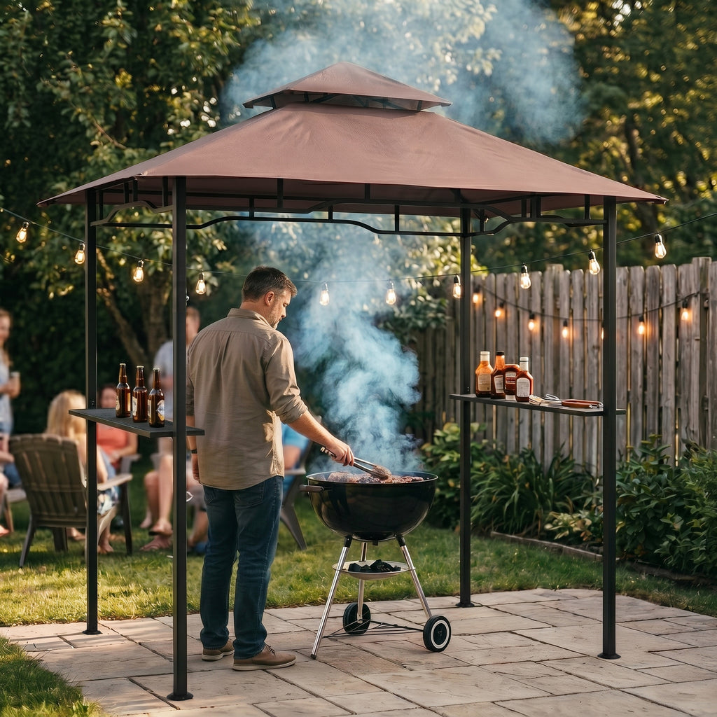 8' x 5' Grill Gazebo with Double Roof, Outdoor BBQ Canopy Gazebo with 2 Side Shelves for Patio Yard Garden Coffee