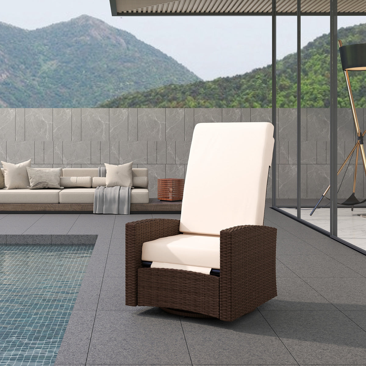 Outdoor Wicker Swivel Recliner Chair, Lifting Footrest, 360° Rotating Basic, Water-resistant Cushions, Cream White