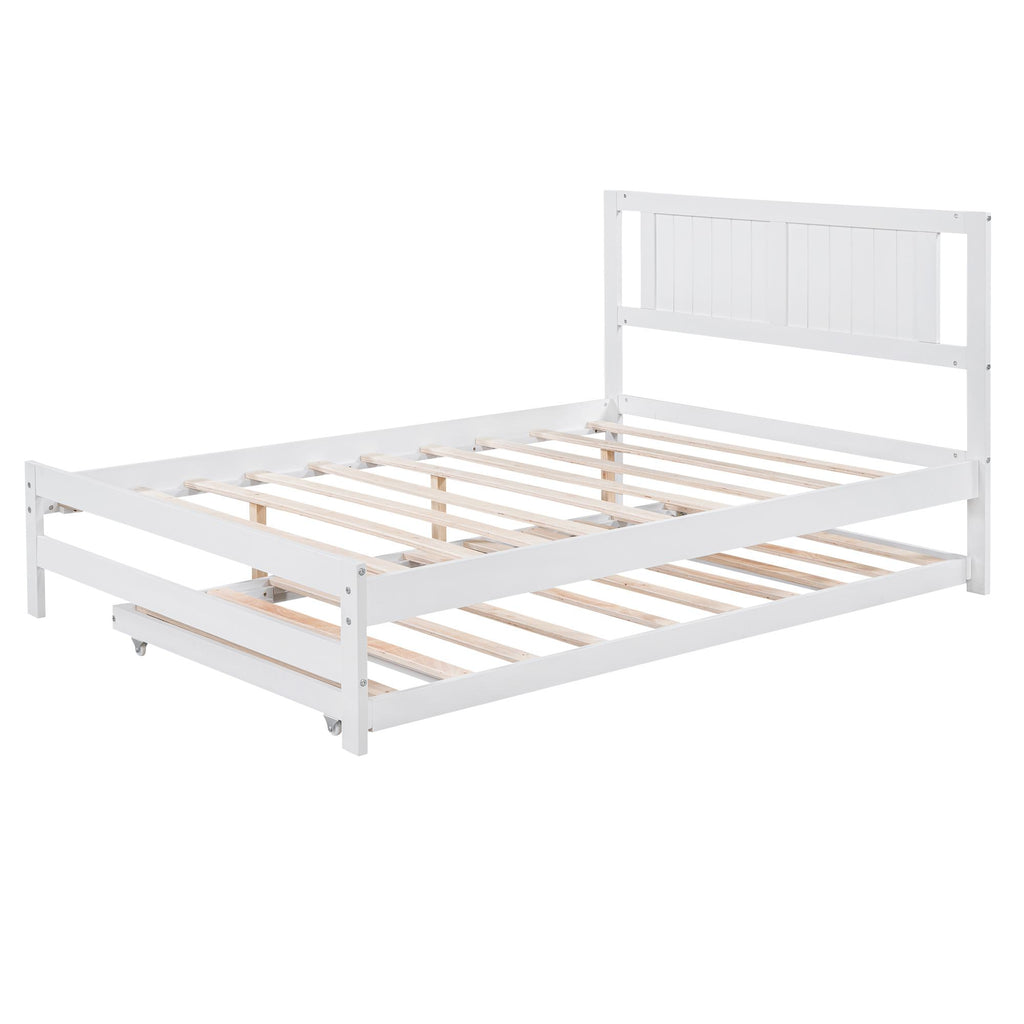 Full Size Platform Bed with Adjustable Trundle, Solid Pine Wood and MDF, 78" L x 97.5" W x 39.5" H, White