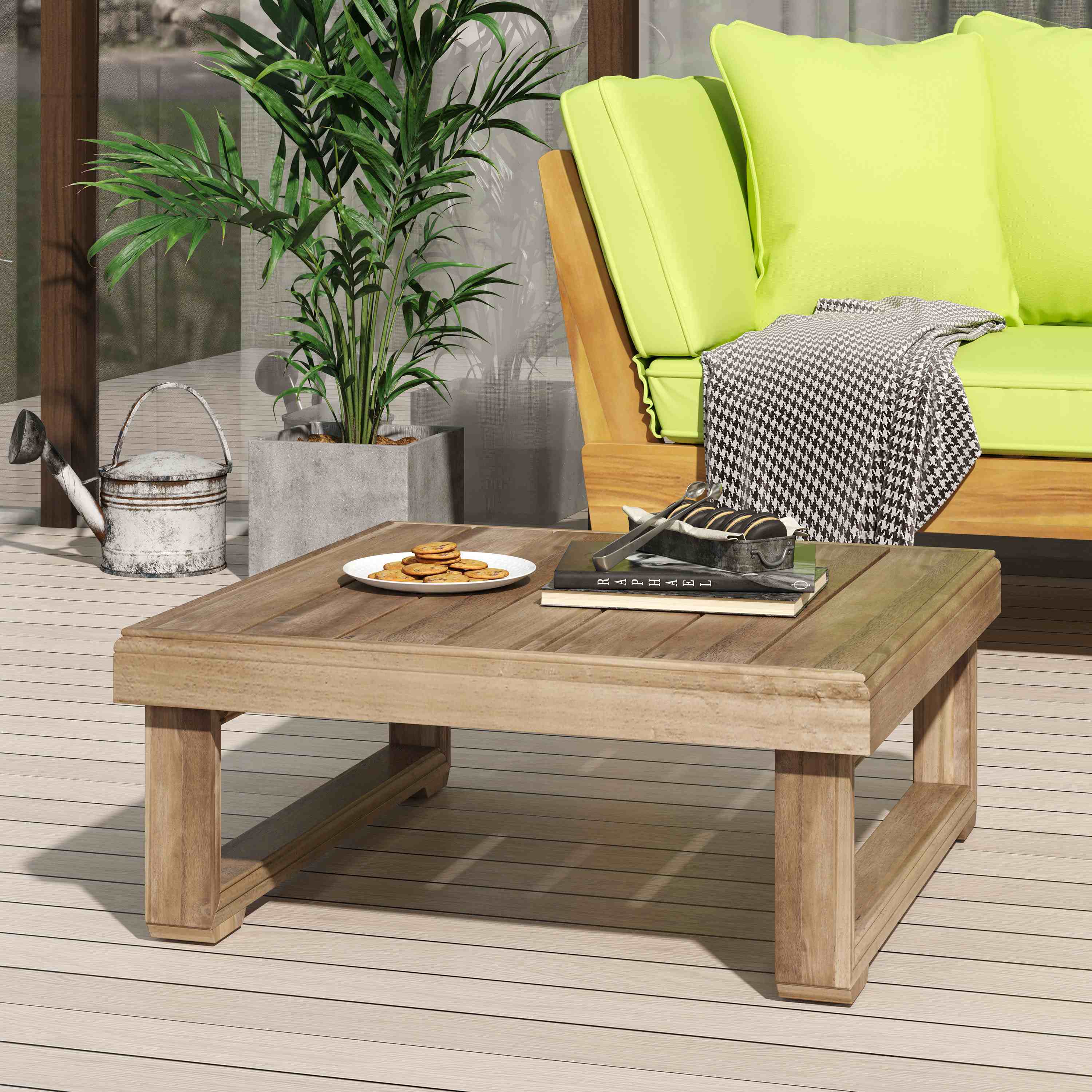 Rustic Acacia Wood Coffee Table with Slat Design and Sled Legs, Outdoor Patio Furniture, 27.5" L x 27.5" W x 11.5" H Brown