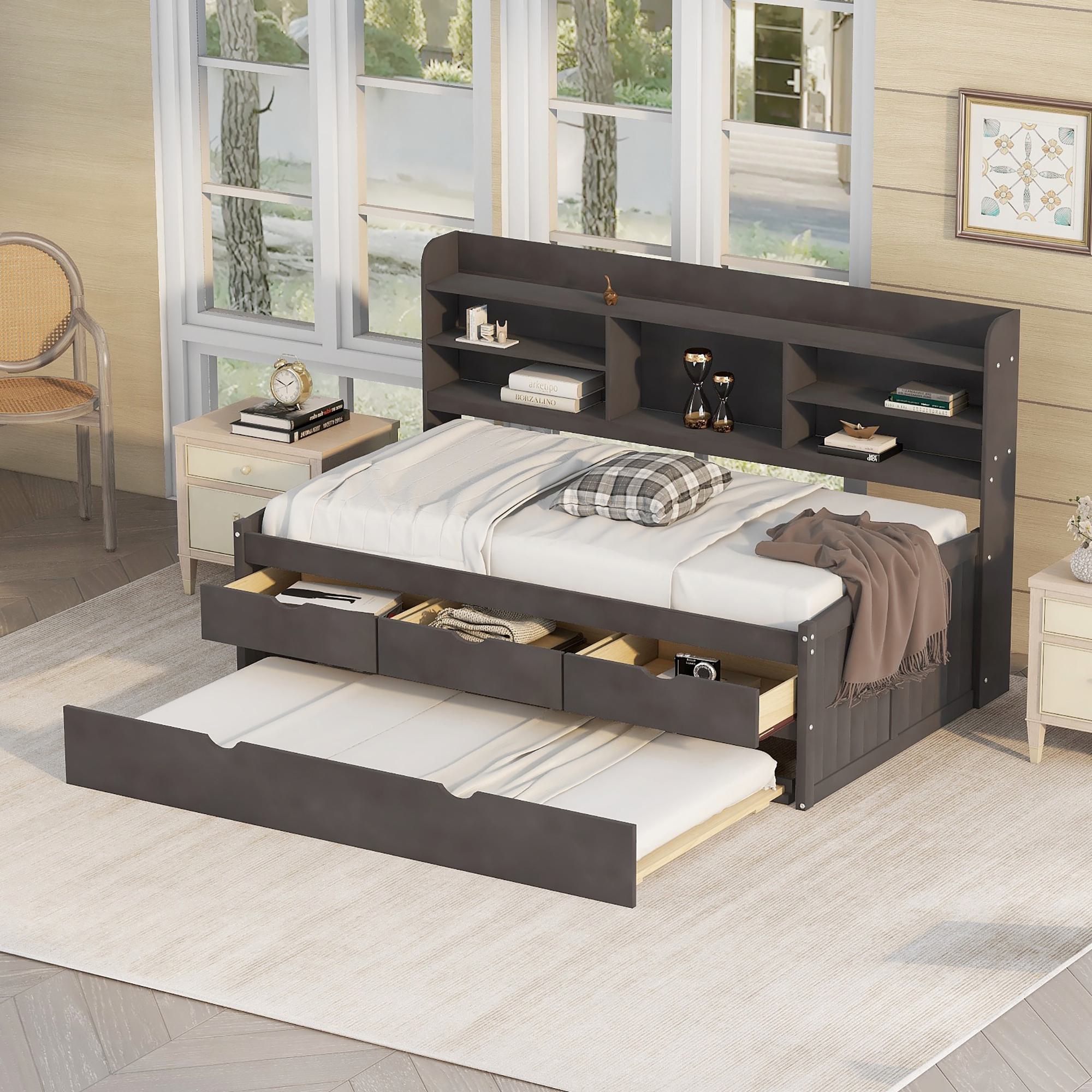 Classic Style Twin Size Wooden Captain Bed with Built-in Bookshelves, 3 Storage Drawers, and Trundle, 77.5" L x 88" W x 47" H, Antique Gray