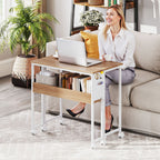 Folding Computer Desk, Foldable Desk with Storage Bag, Shelf and Wheels for Small Spaces, Home Office, Natural Wood