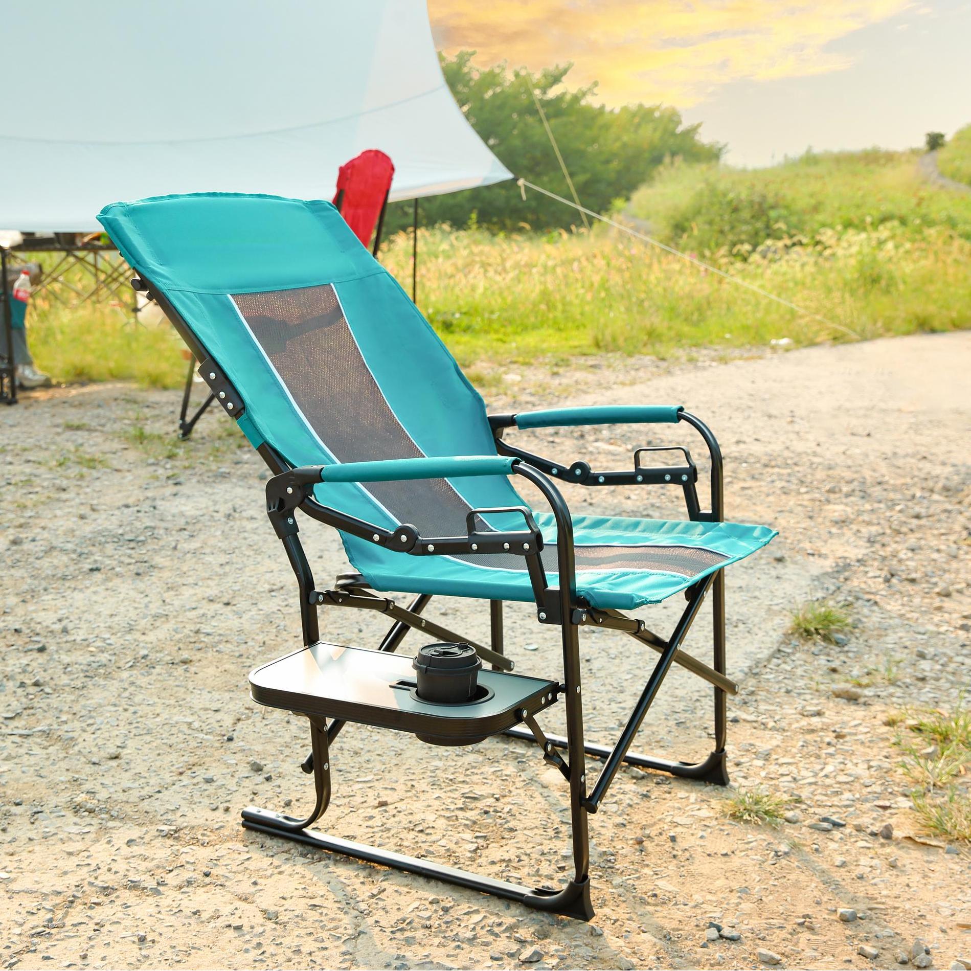 Camping Director's Chair with Side Table and Pocket, Steel Frame, Heavy Duty Oversized Portable Folding Chair, 25" L x 27.5" W x 43.5" H, Blue