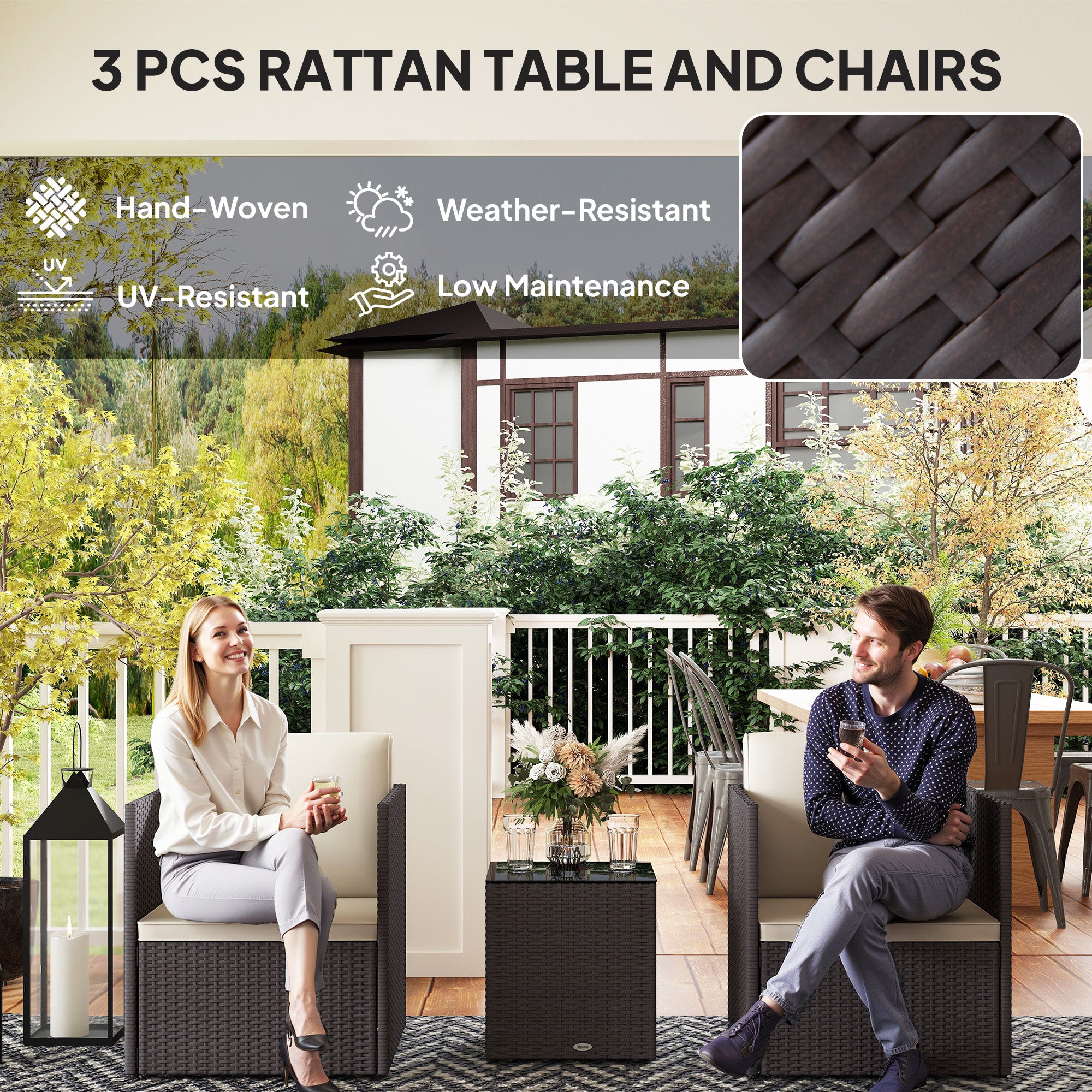 Folding Wicker Bistro Set, 3 Piece Patio Furniture Set with Cushions and Glass Coffee Table for Porch, Balcony, Brown