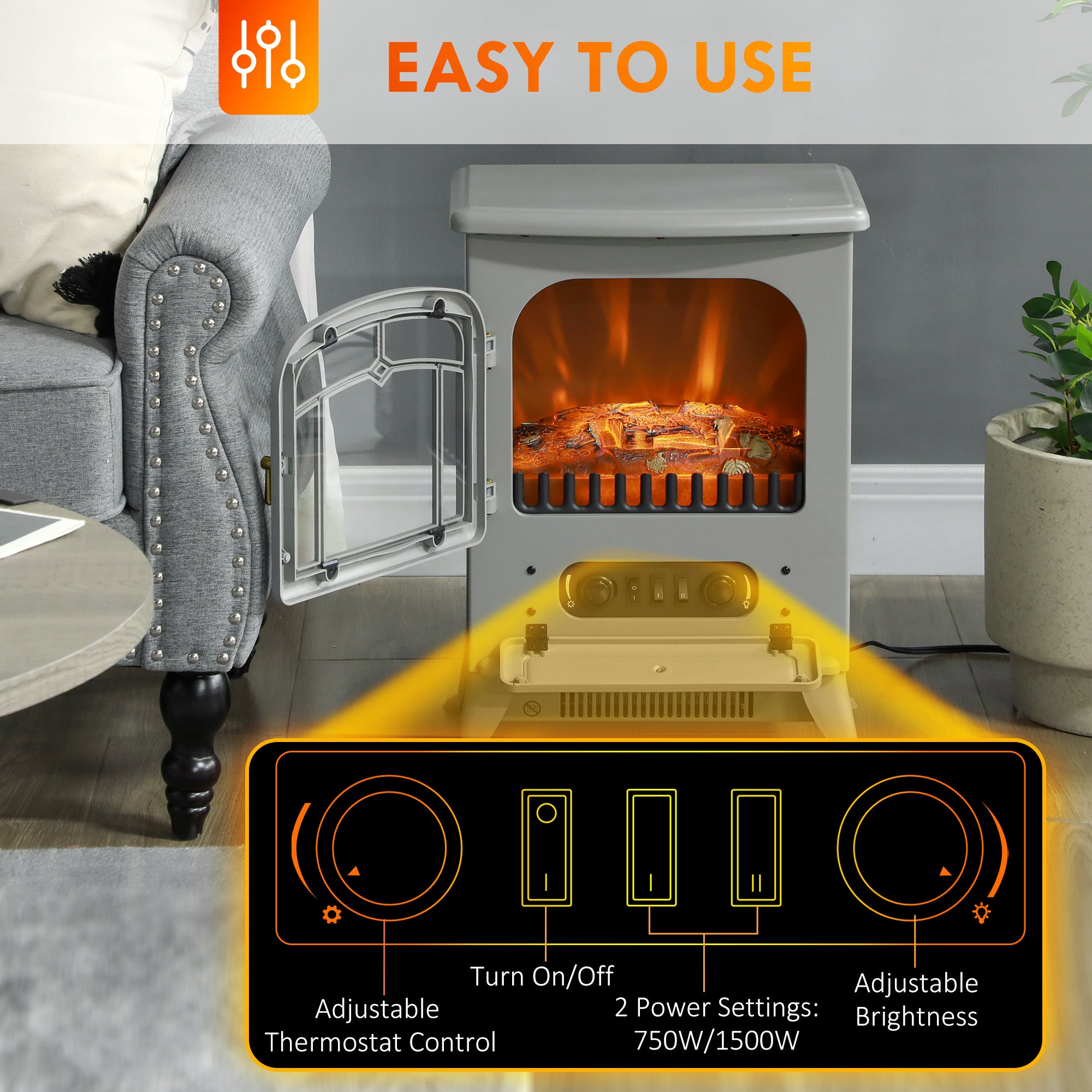 Fireplace Stove, Electric Fireplace Heater with Realistic LED Flames and Logs, 725W/1450W, Gray