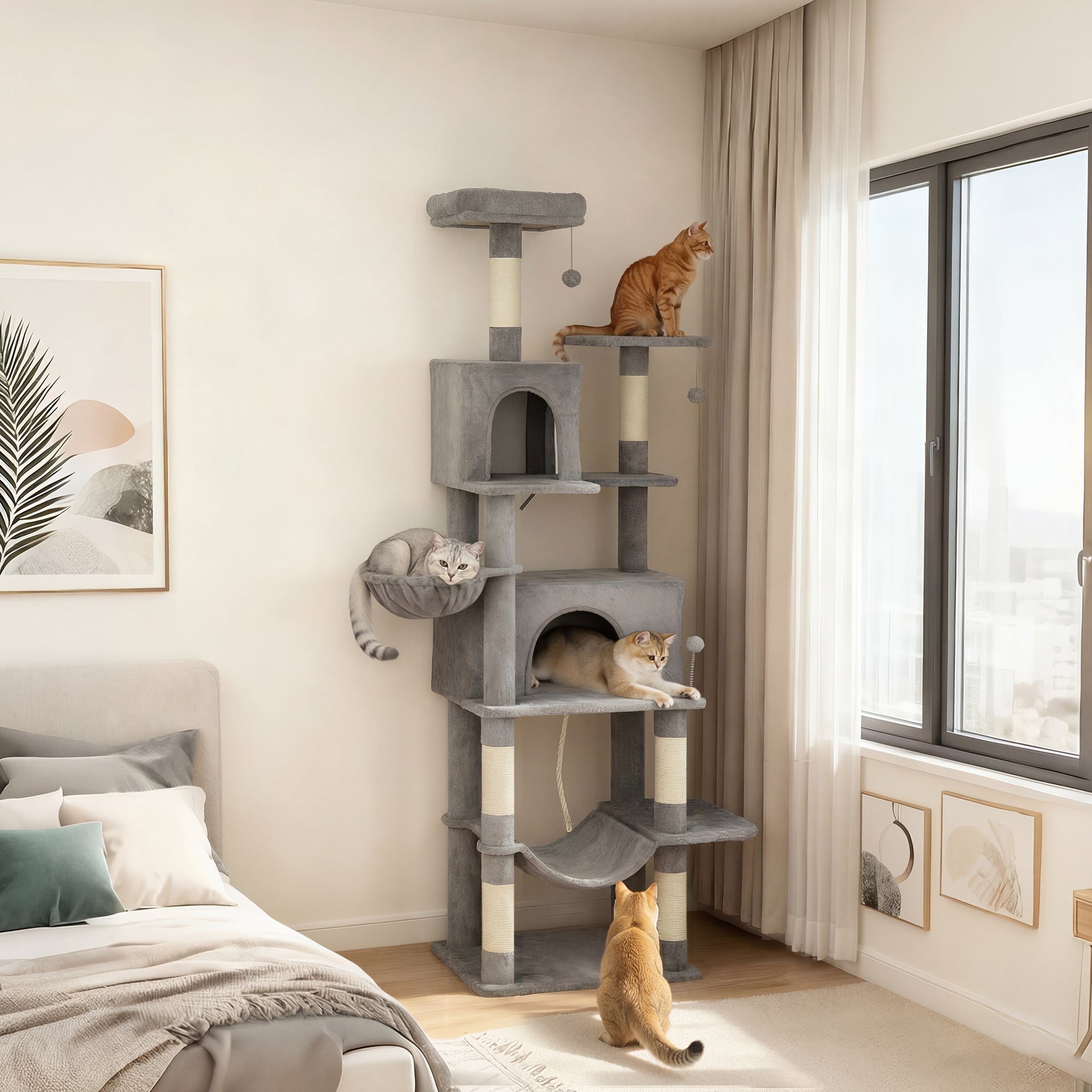 Multi-Level Cat Tower, 80" Tall Cat Tree, with 2 Condos, 2 Hammocks, 6 Sisal Scratching Posts, Dark Gray