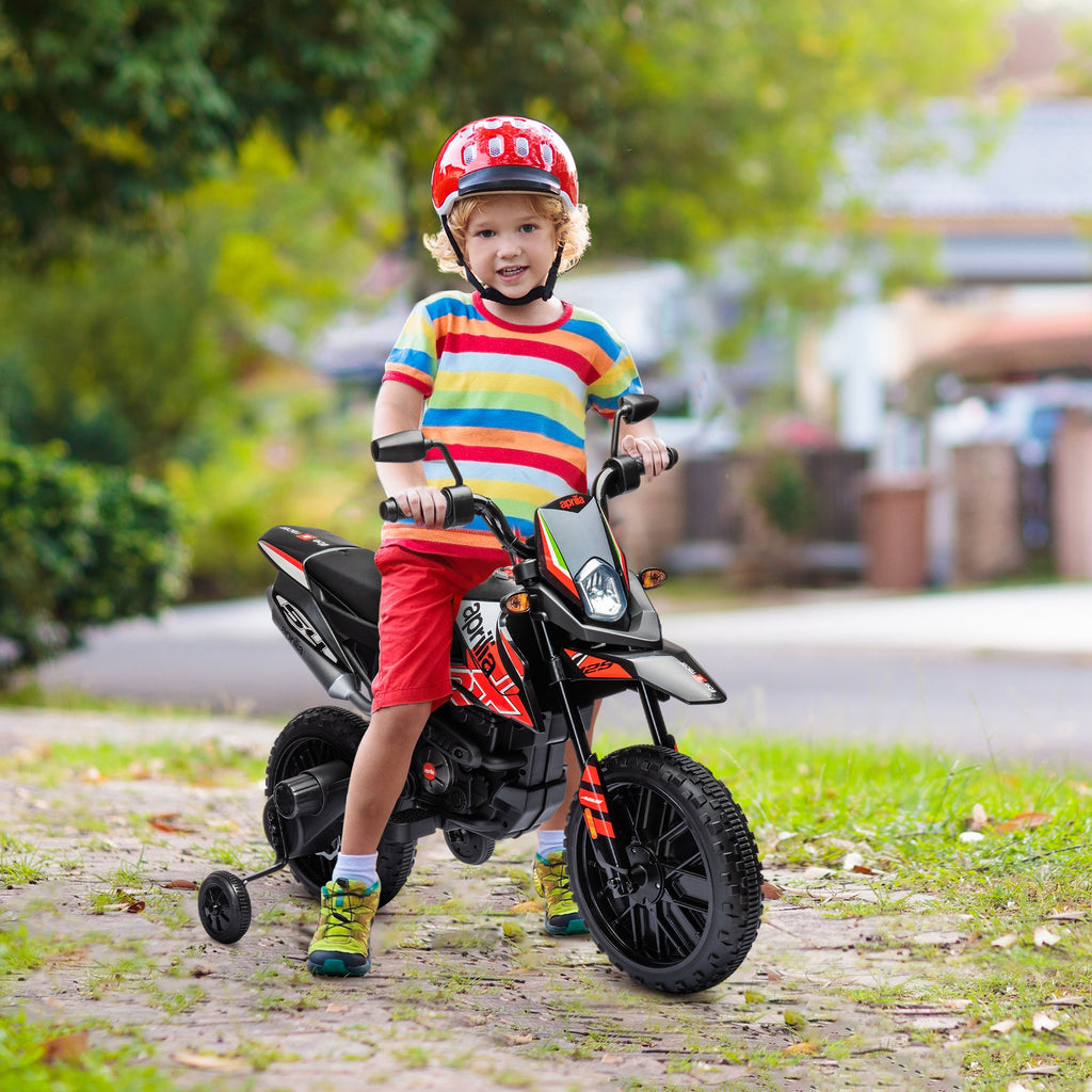 12V Aprilia Licenced Kids Motorcycle with Training Wheels, Spring Suspension, LED Light, USB, Music, Red