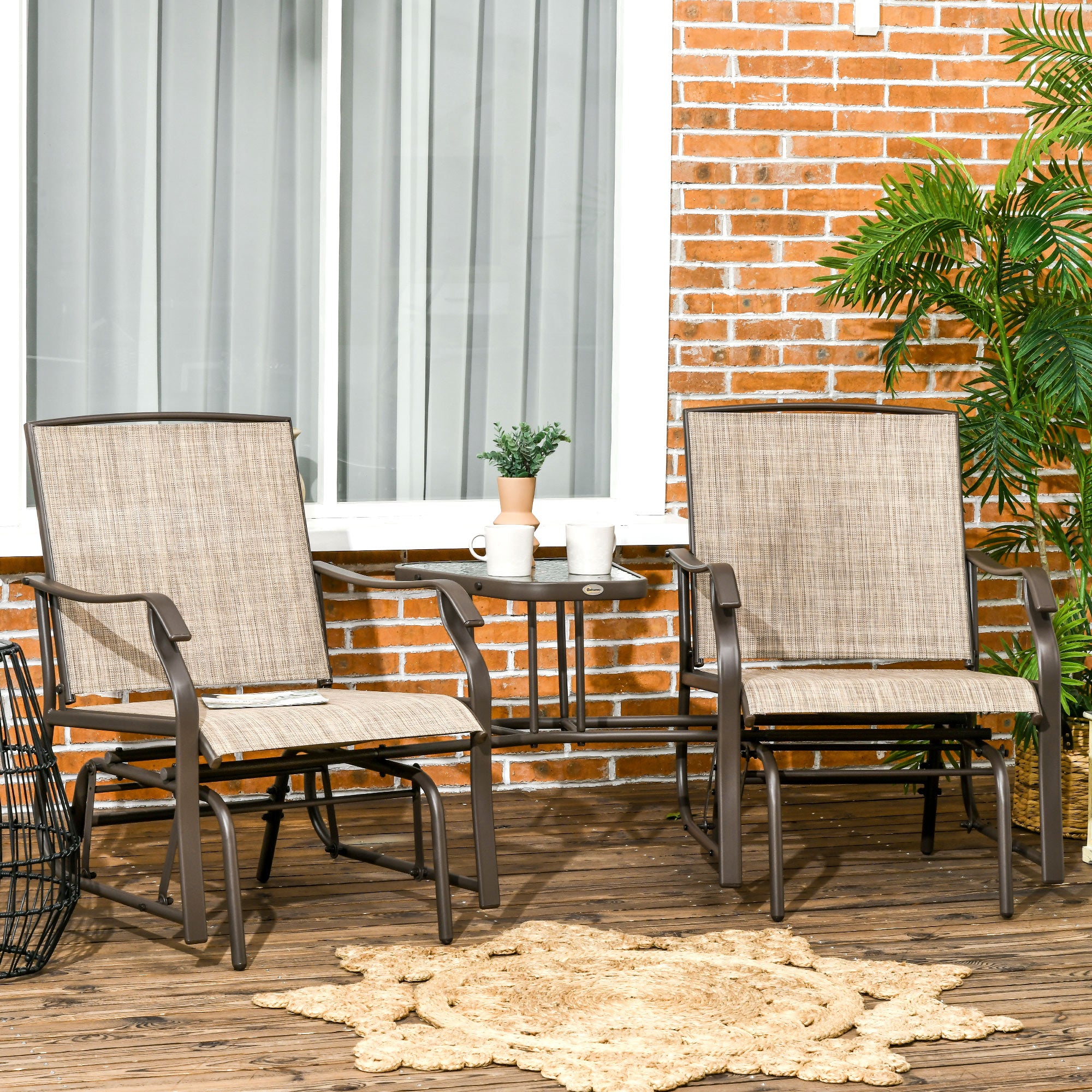 Outdoor Glider Chairs with Coffee Table, Patio 2-Seat Rocking Chair Swing Loveseat with Breathable Sling for Backyard, Garden, and Porch, Light Brown