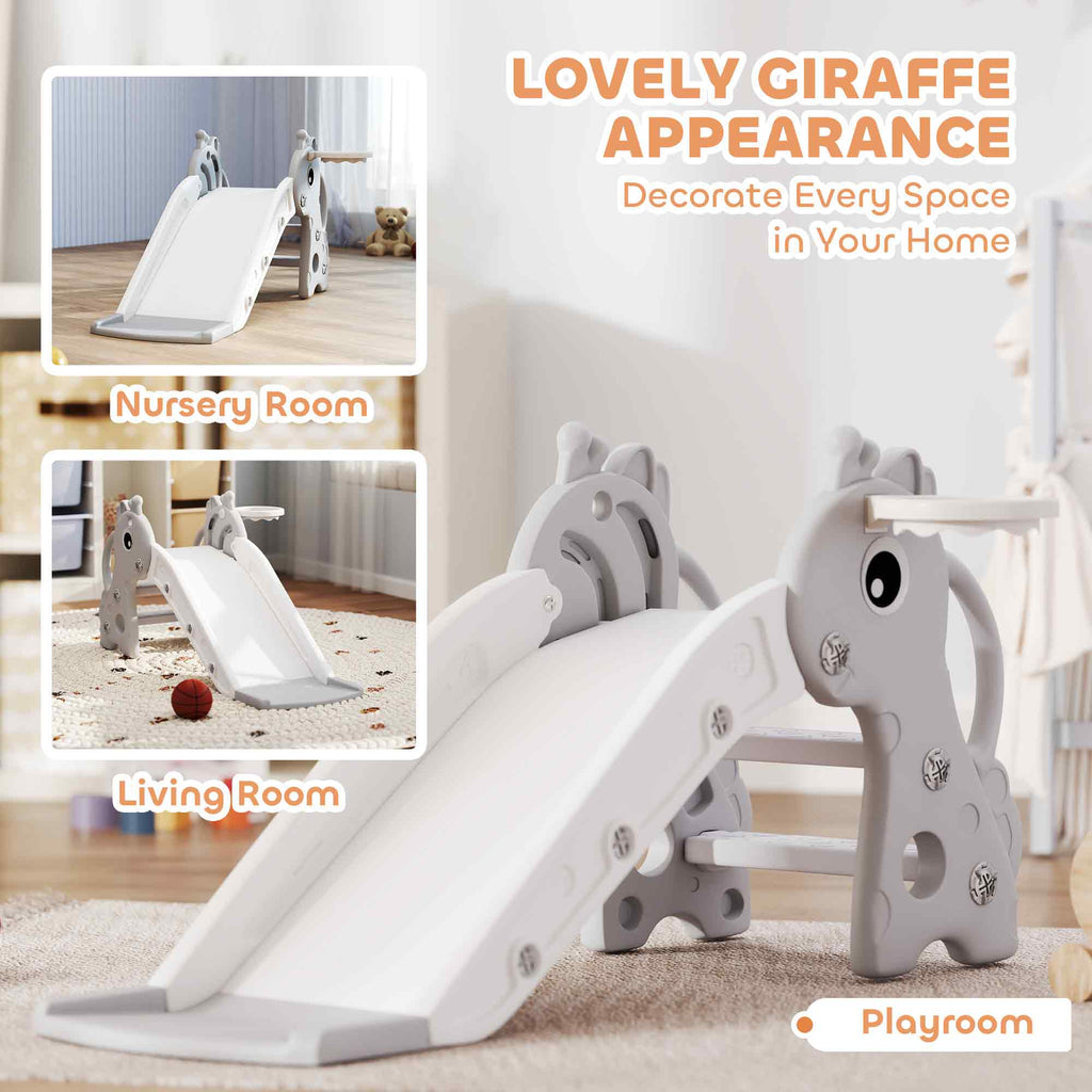 3-in-1 Toddler Slide for Age 1-3, Freestanding Kids Slide with Climber, Basketball Hoop and Ball, Giraffe Design, Gray