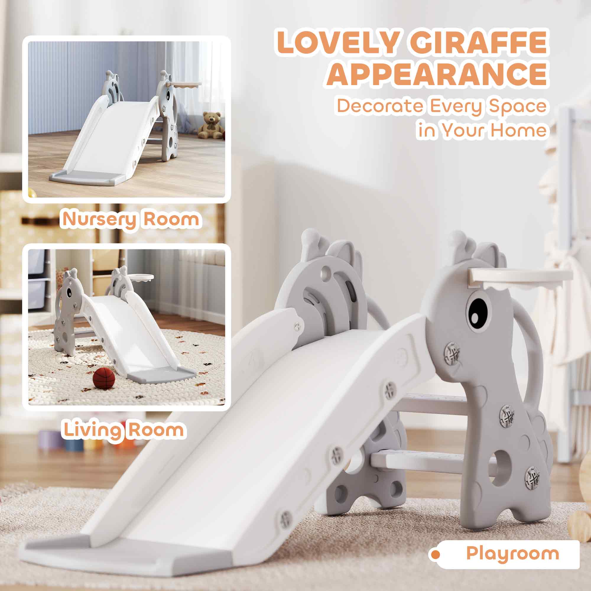 3-in-1 Toddler Slide for Age 1-3, Freestanding Kids Slide with Climber, Basketball Hoop and Ball, Giraffe Design, Gray