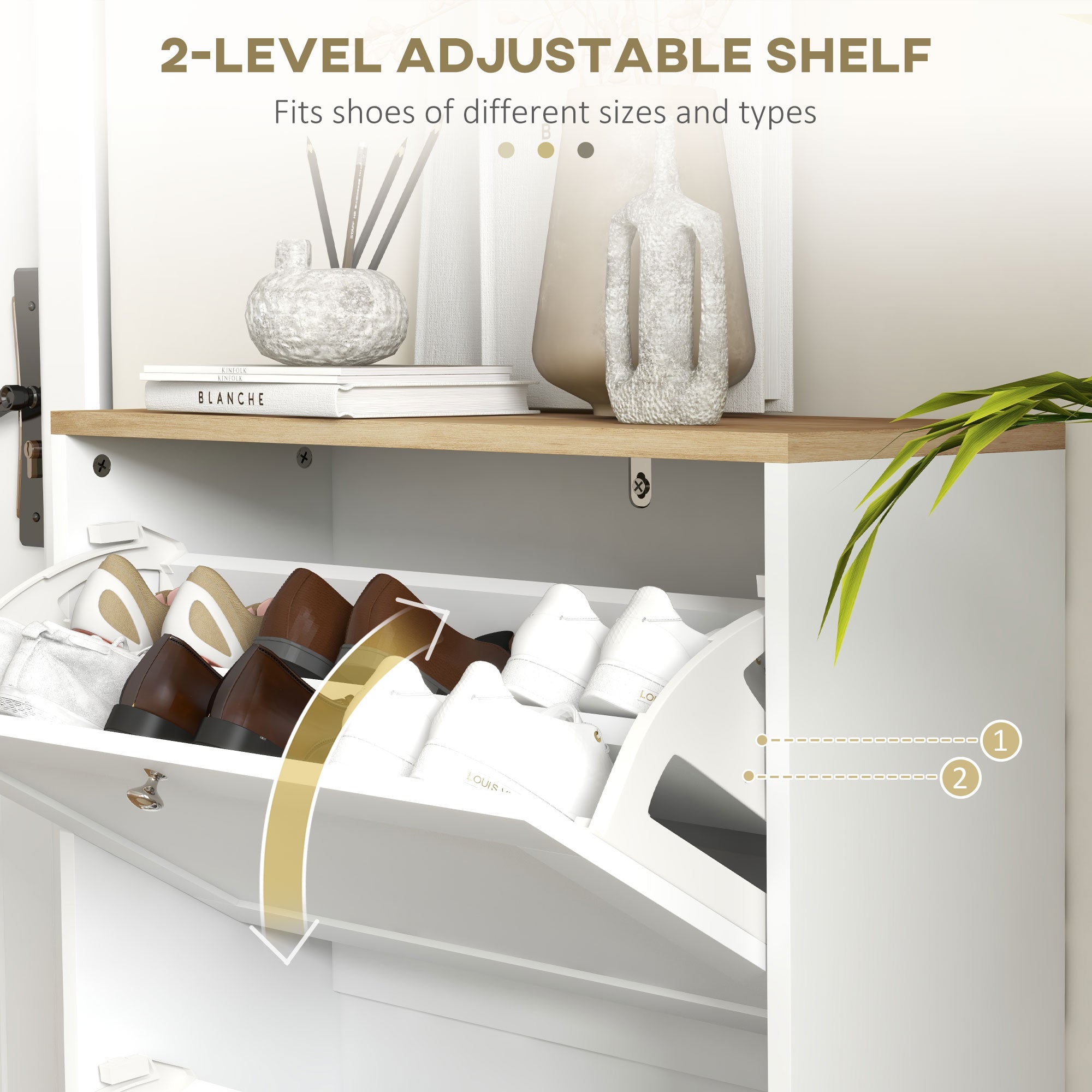 Slim Shoe Storage Cabinet, Modern Shoe Cabinet with 2 Flip Drawers and Adjustable Shelves for 8-12 Pairs, White