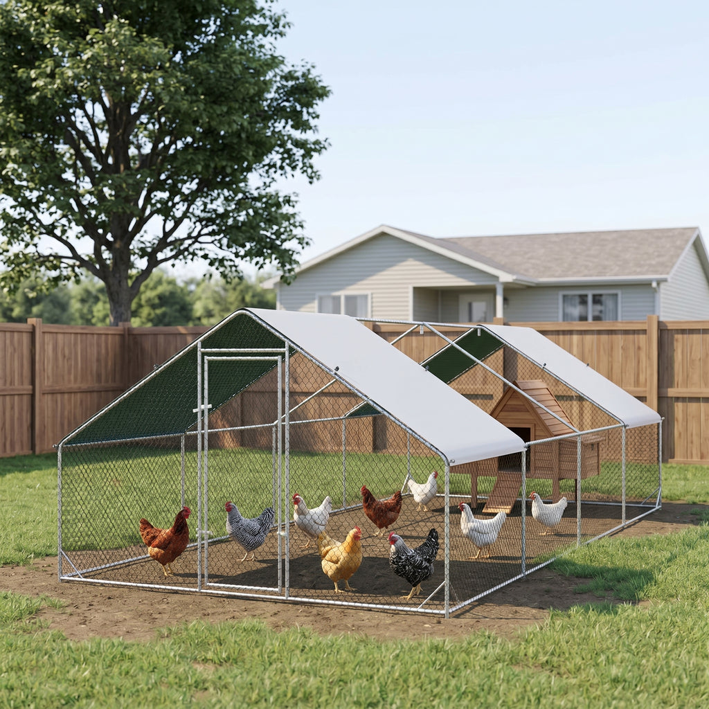 Large Chicken Coop Metal Chicken Run with Waterproof and Anti-UV Cover, Spire Shaped Walk in Fence Cage Hen House for Outdoor and Yard Farm Use, 1" Tube Diameter, 9.8' x 26.2' x 6.6'