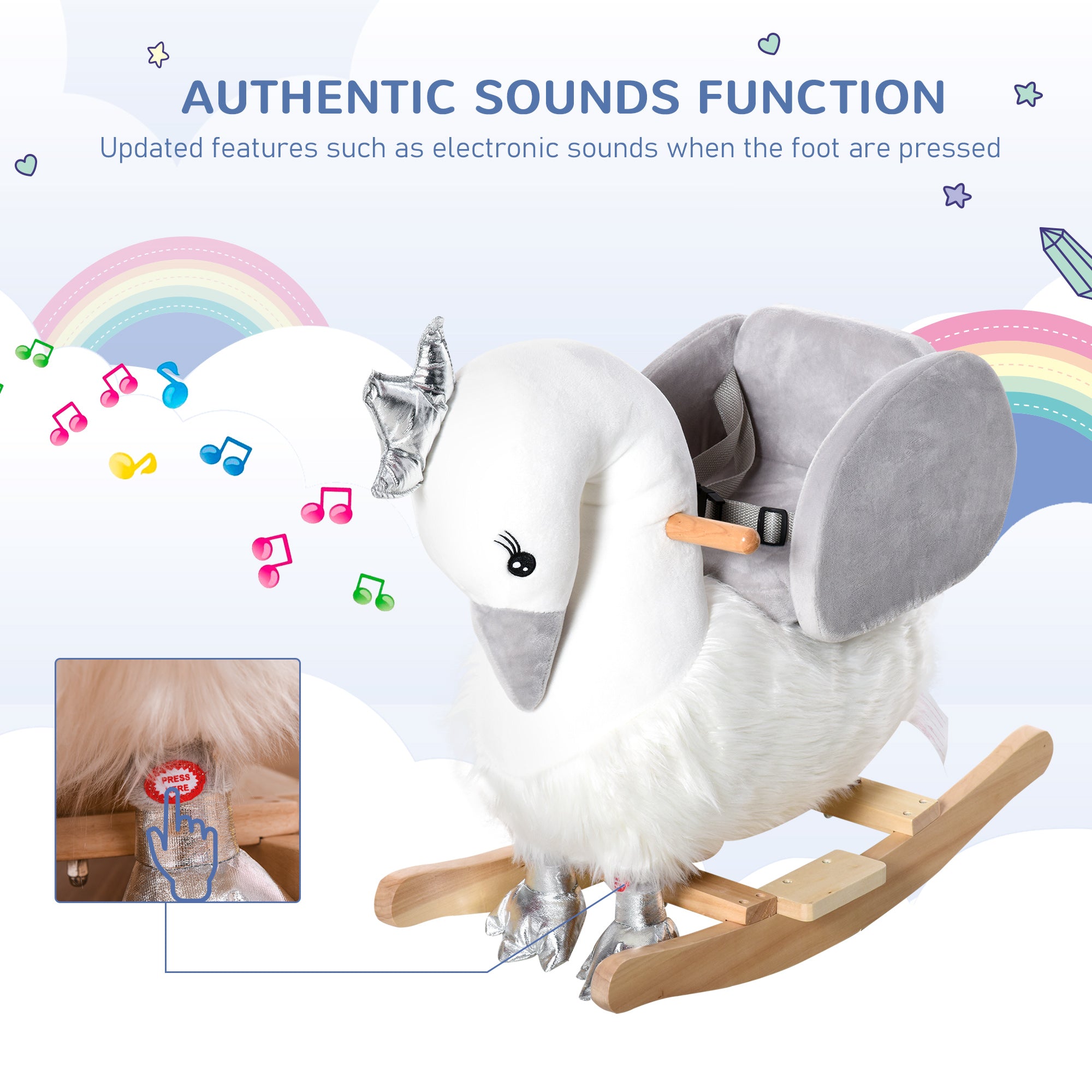 Kids Ride on Horse Swan Rocker with Sound, Plush Seat, Wooden Base, Safety Belt for Toddlers 18-36 Months, White
