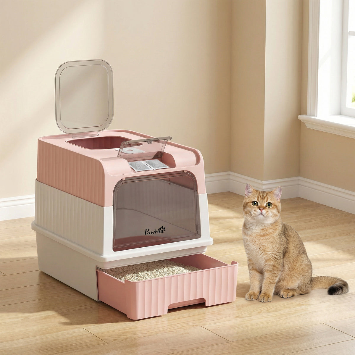 Cat Litter Box Hooded Cat Litter Tray with Drawer Pan Front Entry & Top Exit Easy Cleaning Pink