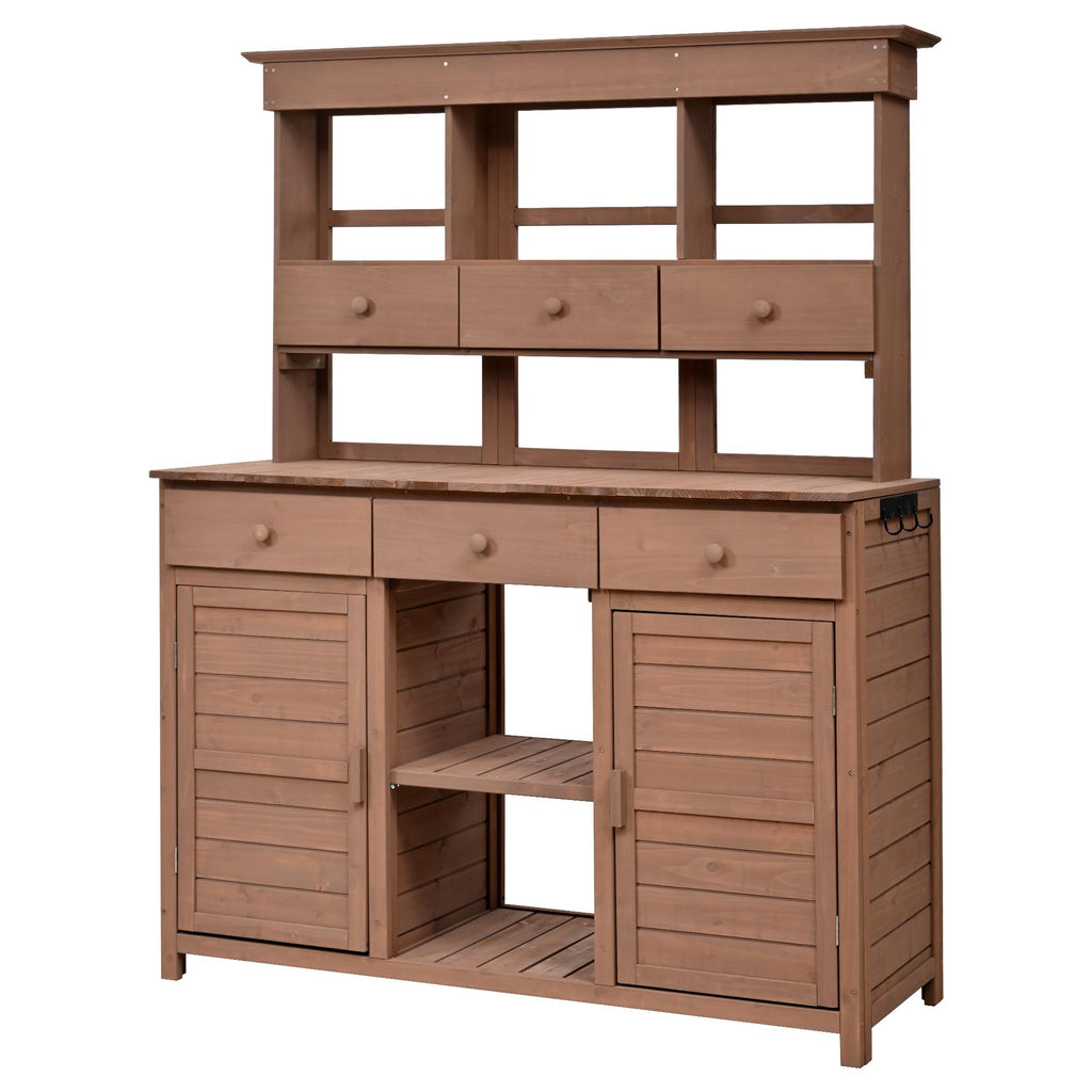 Tall Garden Potting Bench with Hutch & 6 Drawer, Wood Storage Workstation with 3 Shelf & 2 Cabinet, 50'' L x 20.5'' W x 65.5'' H, Brown